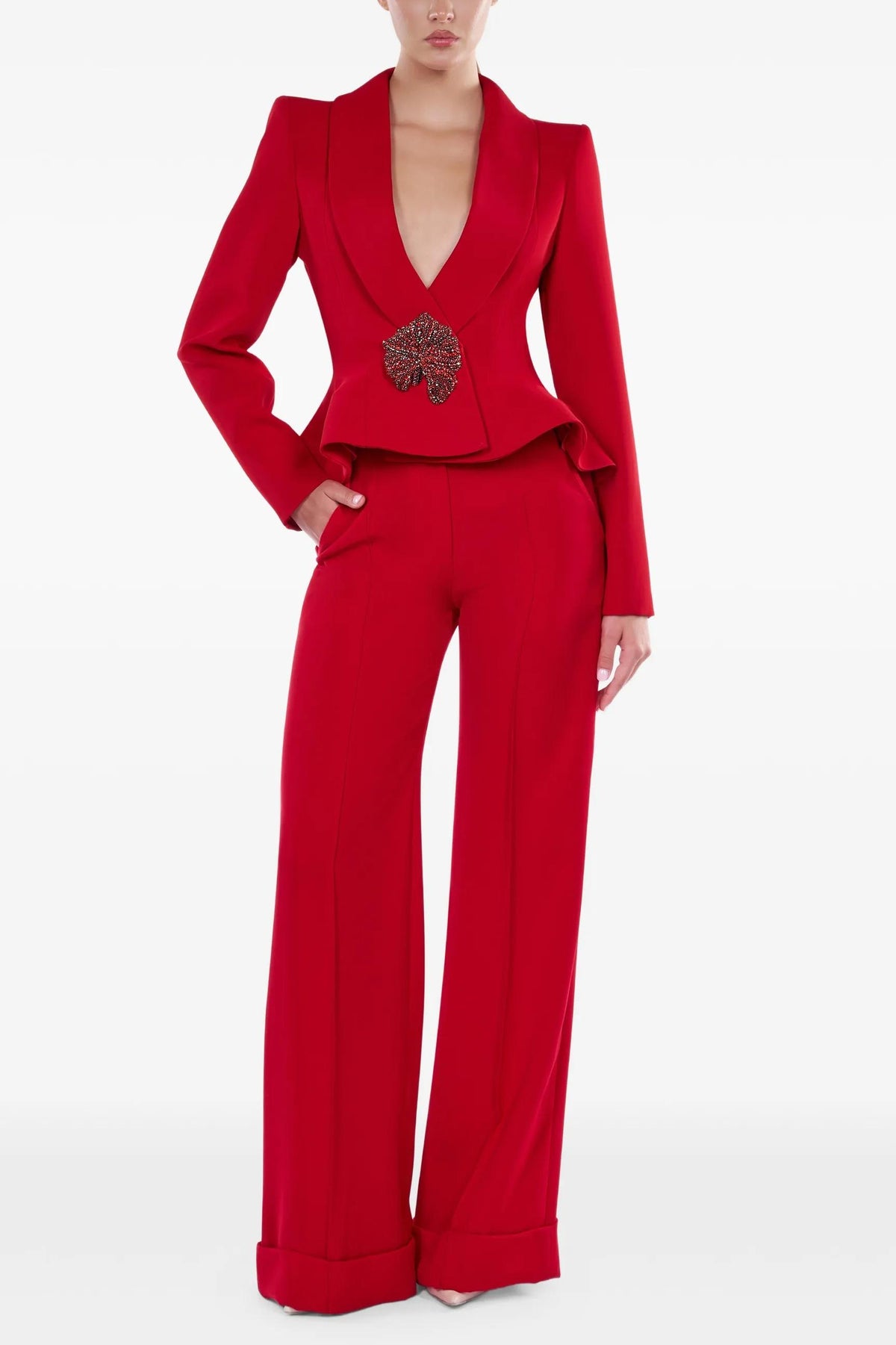 Nail Bead Embroidery Blazer & High Waist Wide Leg Pants Set