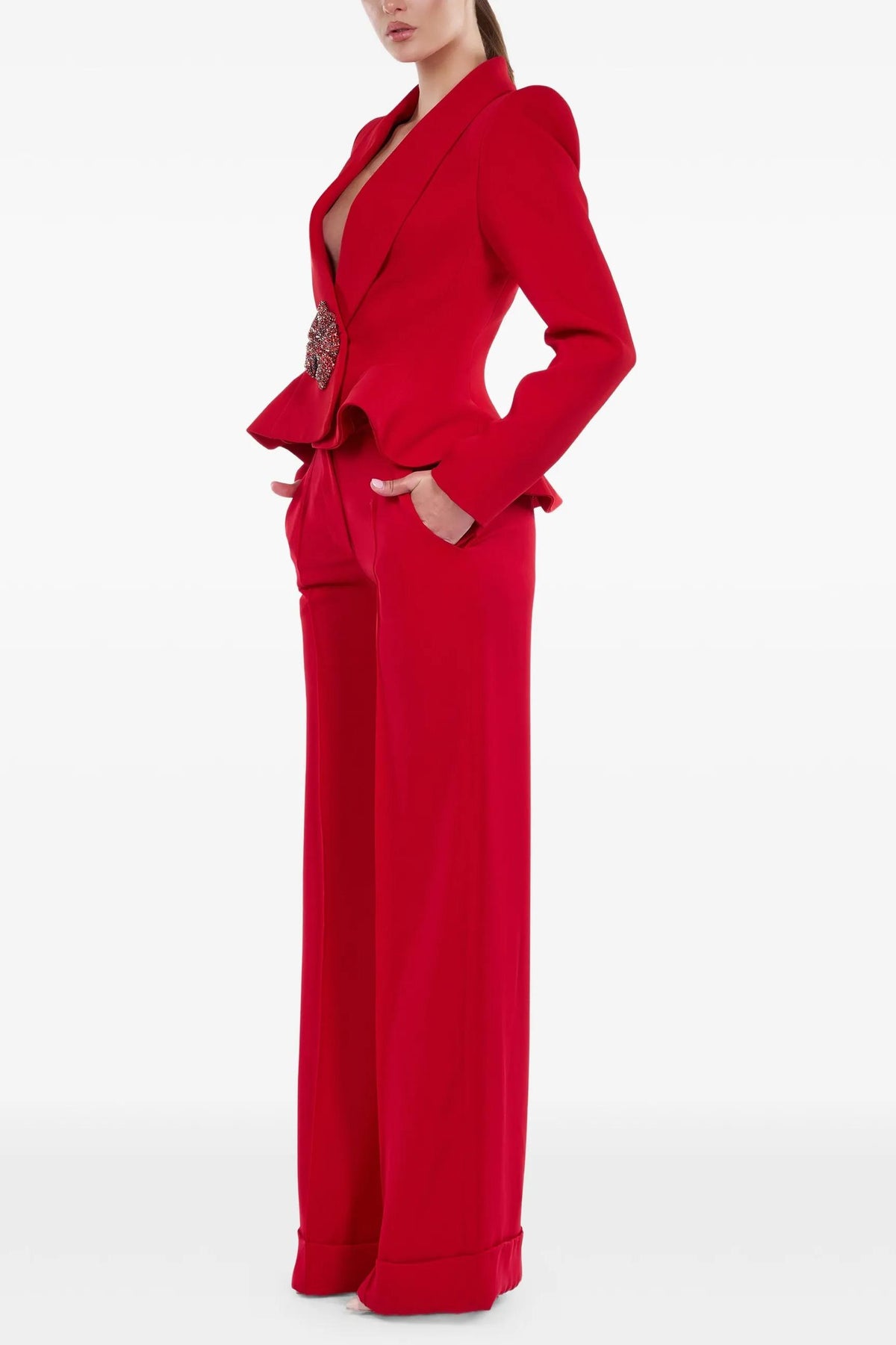 Nail Bead Embroidery Blazer & High Waist Wide Leg Pants Set