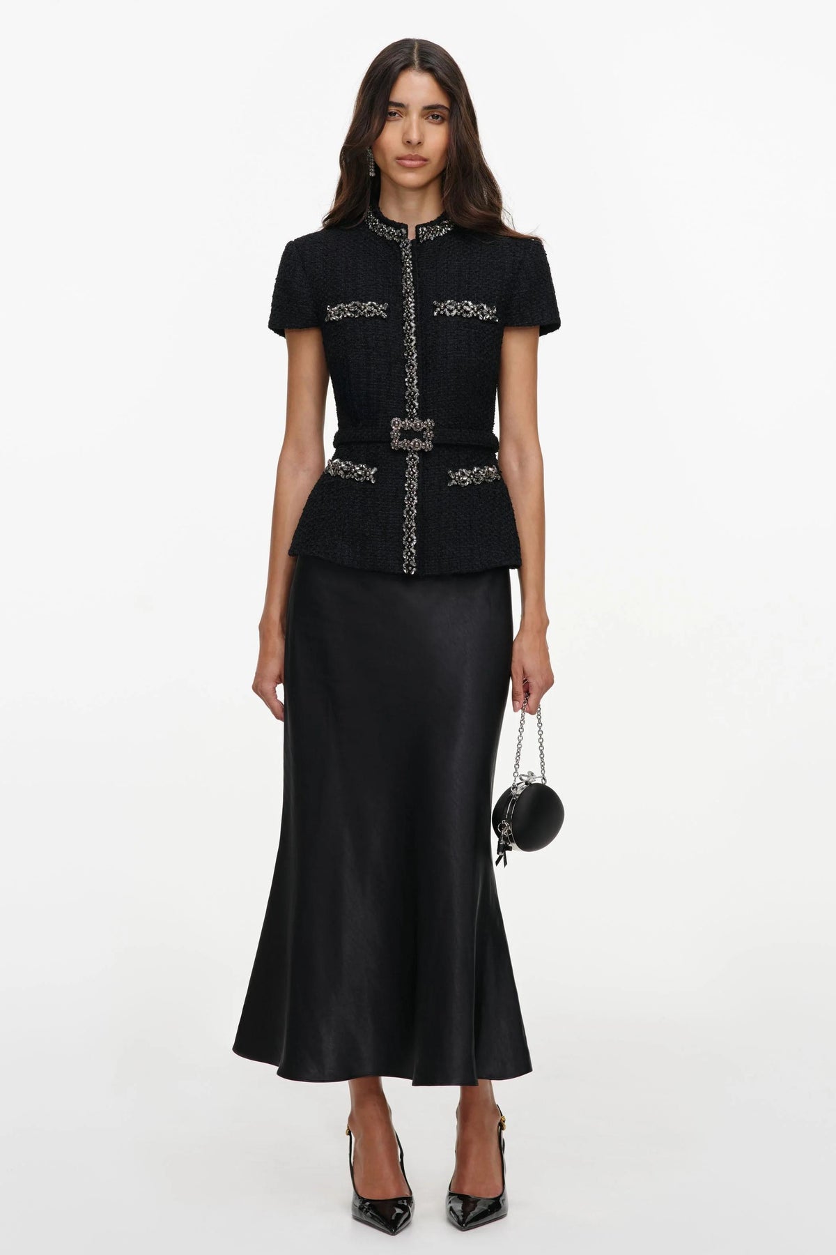 Rhinestone Rivets Satin Midi Dress With Belt