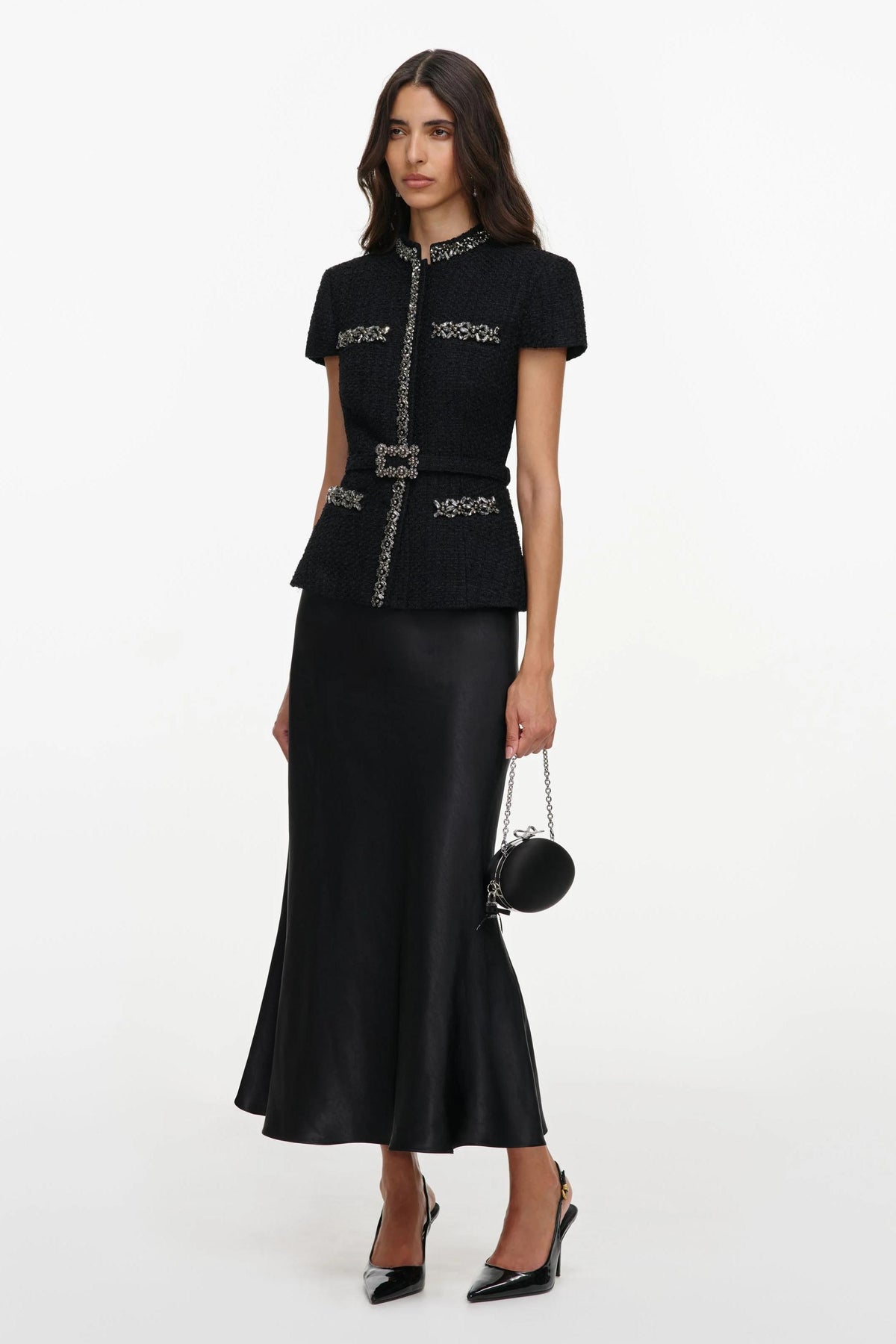 Rhinestone Rivets Satin Midi Dress With Belt