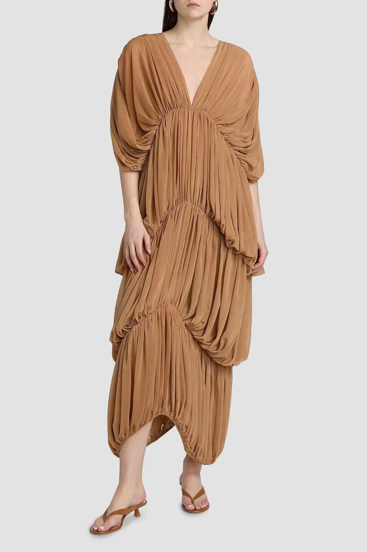 Solid Gathering Batwing Sleeve Midi Dress