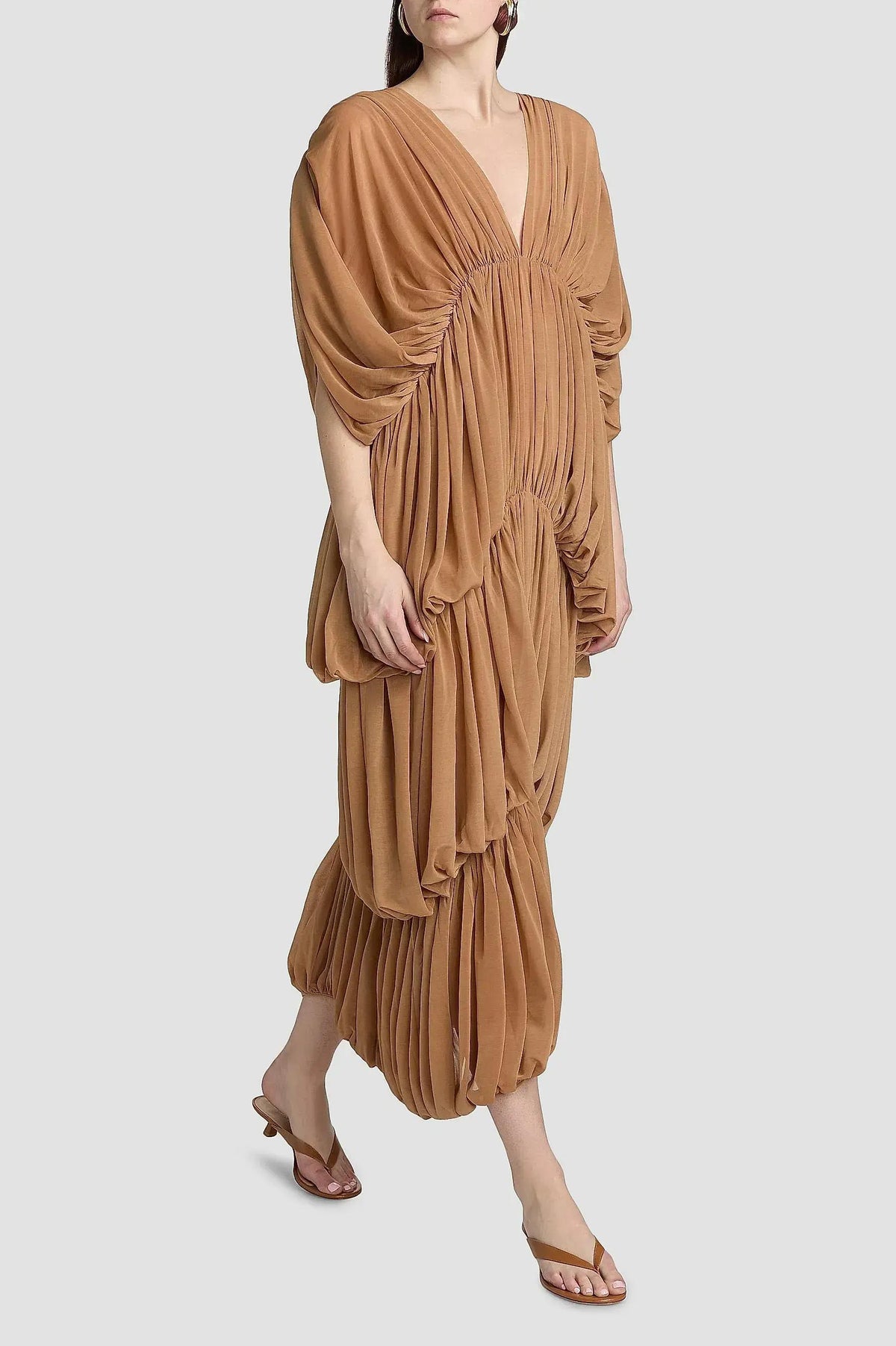 Solid Gathering Batwing Sleeve Midi Dress