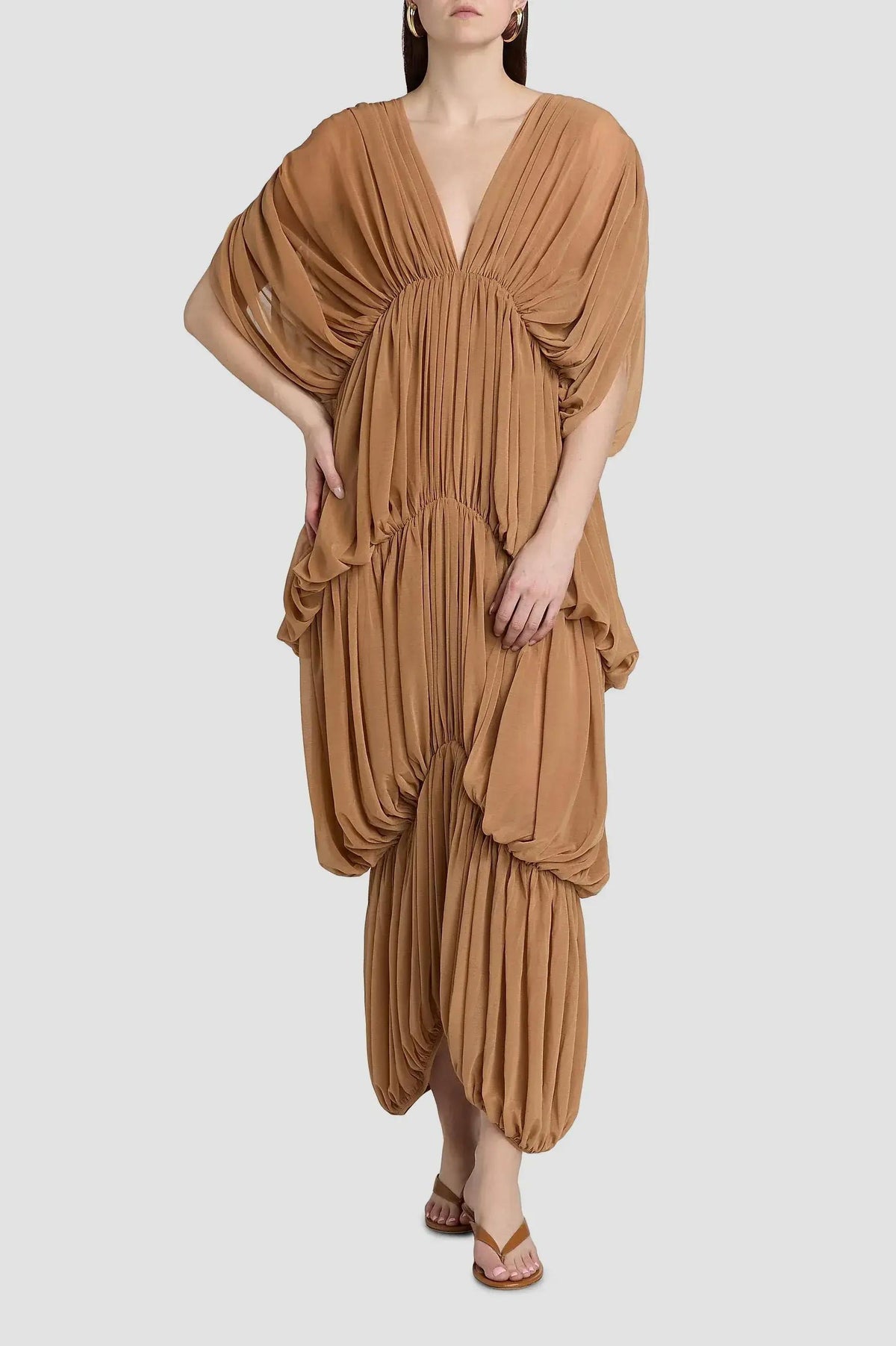 Solid Gathering Batwing Sleeve Midi Dress
