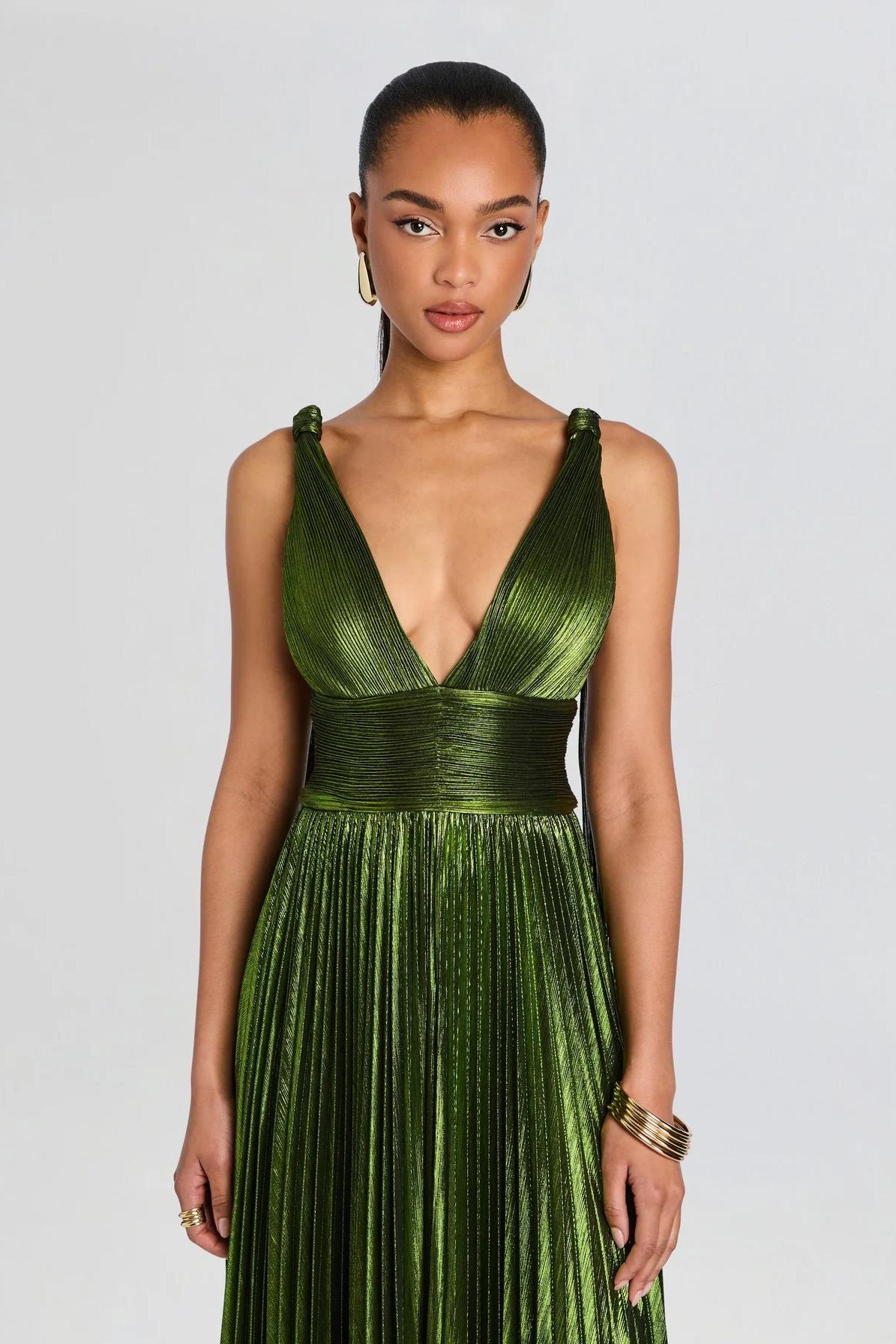 Metallic Fabric Pleated V-Neck Maxi Dress