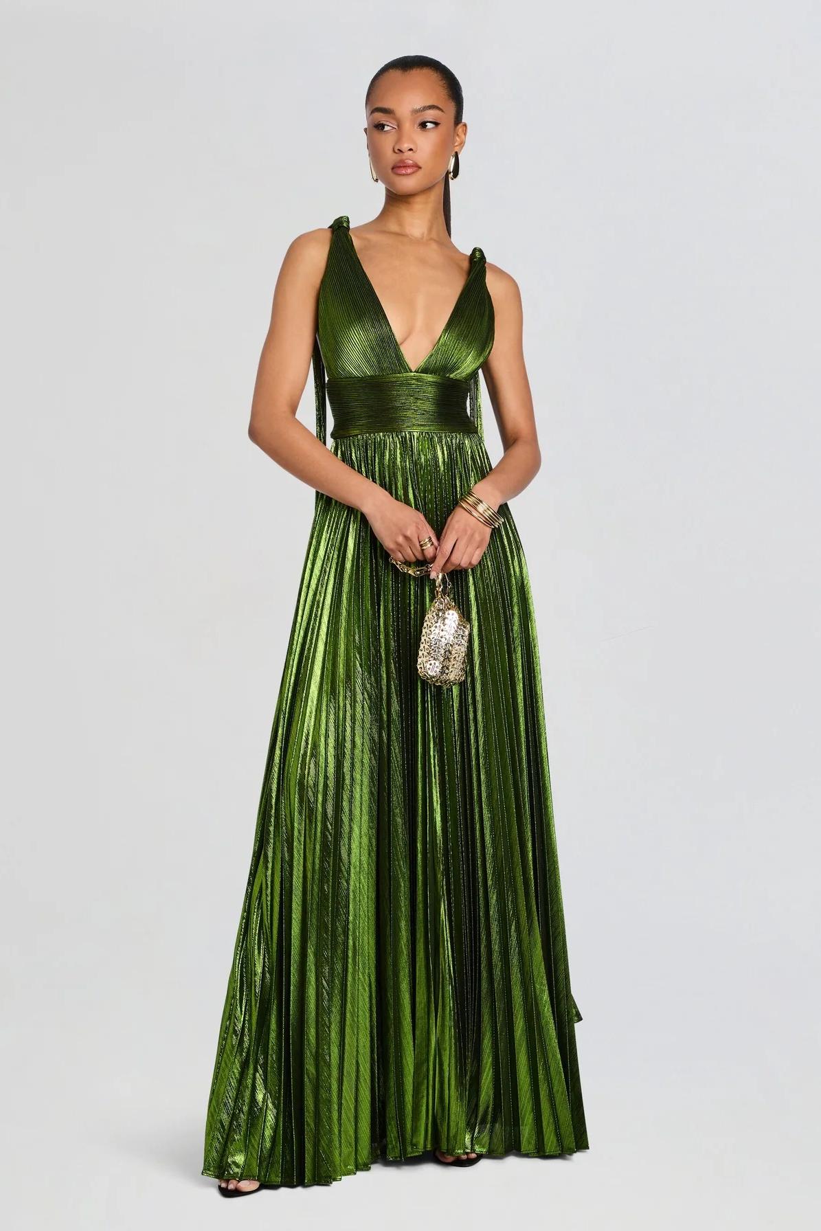 Metallic Fabric Pleated V-Neck Maxi Dress
