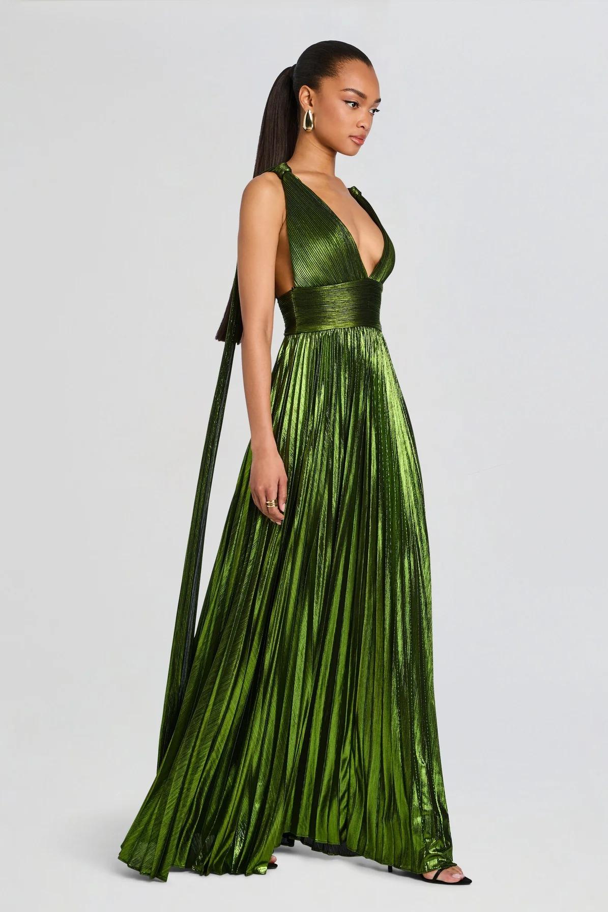Metallic Fabric Pleated V-Neck Maxi Dress