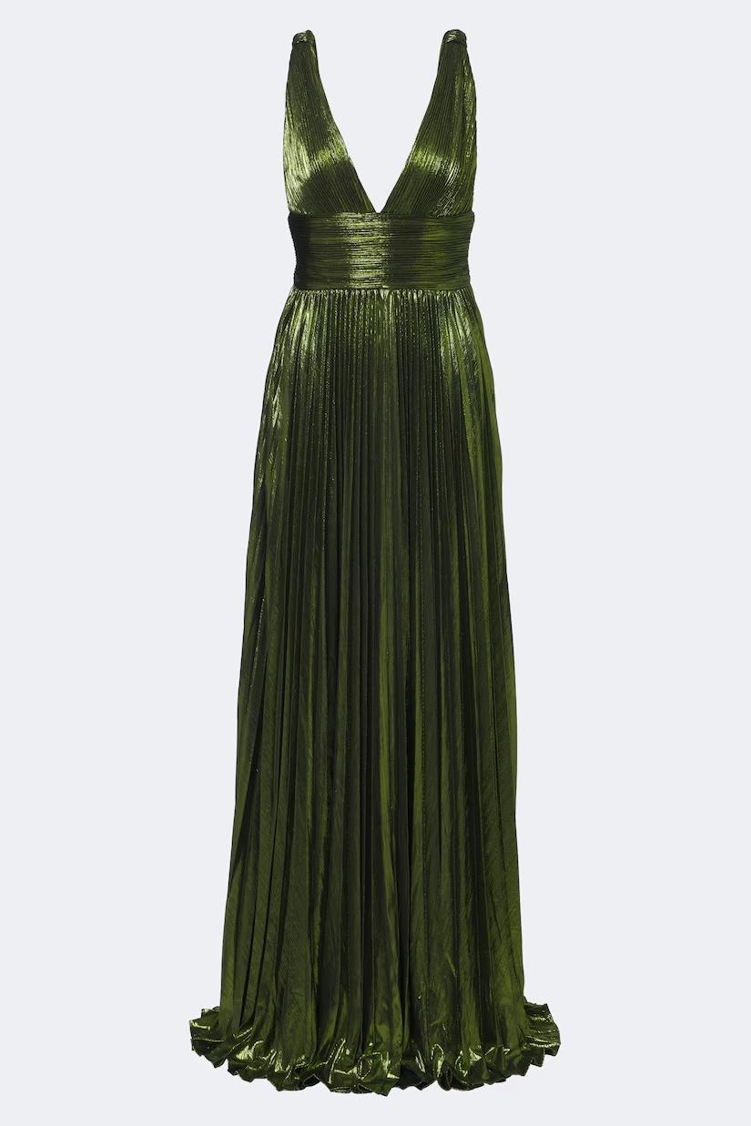 Metallic Fabric Pleated V-Neck Maxi Dress