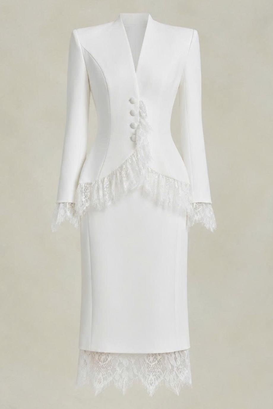 Lace Trim Blazer & High Waist Midi Skirt Set