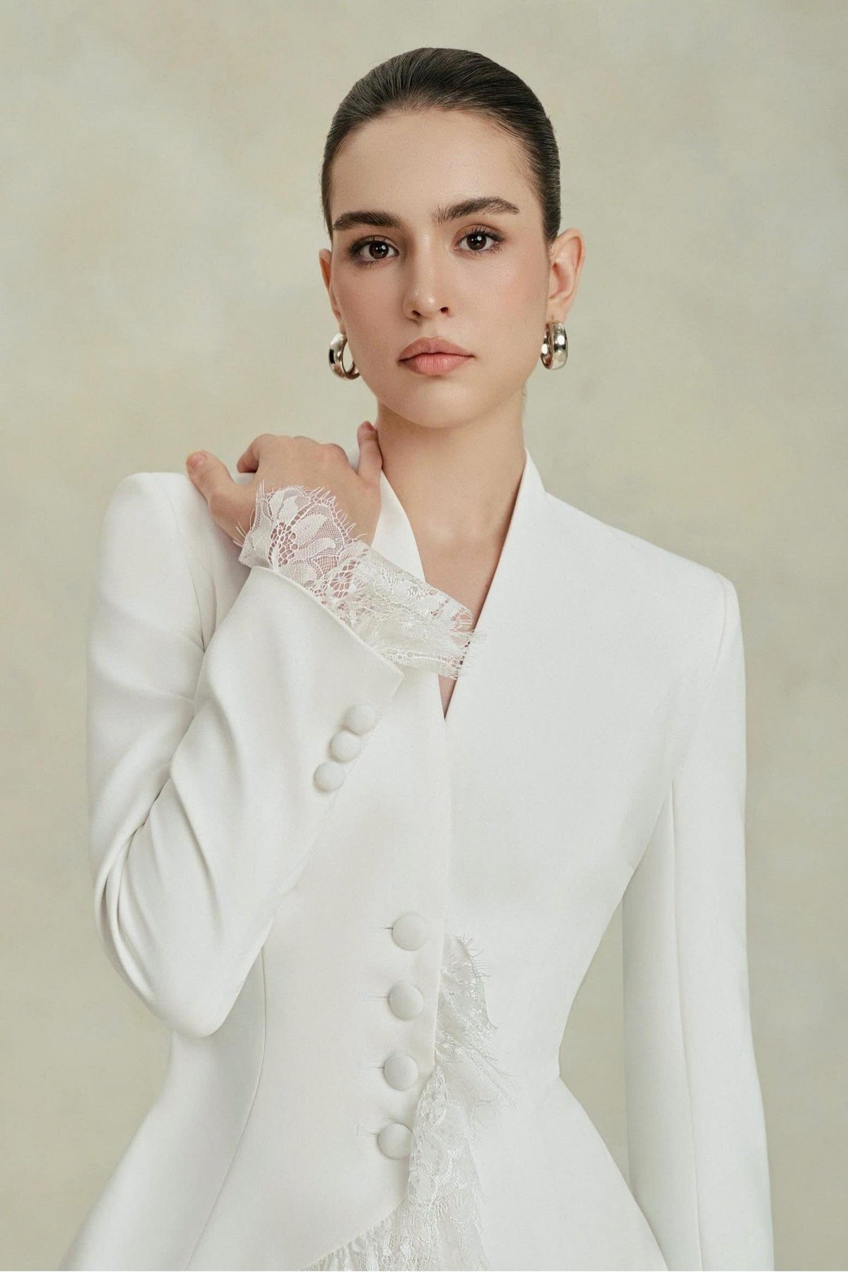 Lace Trim Blazer & High Waist Midi Skirt Set
