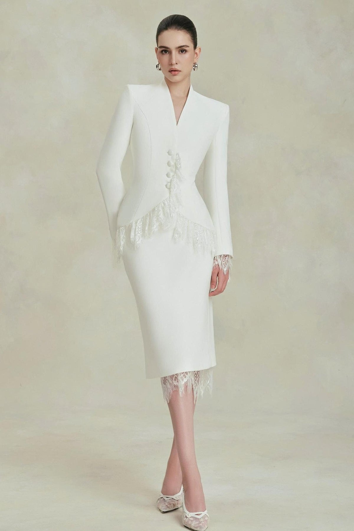 Lace Trim Blazer & High Waist Midi Skirt Set