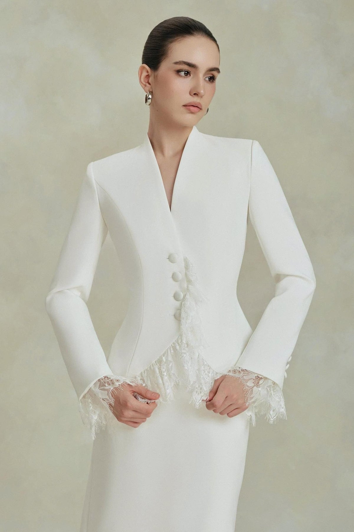 Lace Trim Blazer & High Waist Midi Skirt Set