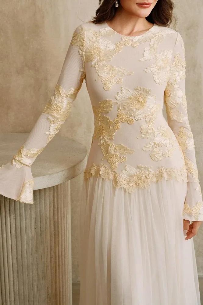 Embroidered Round Neck Midi Dress