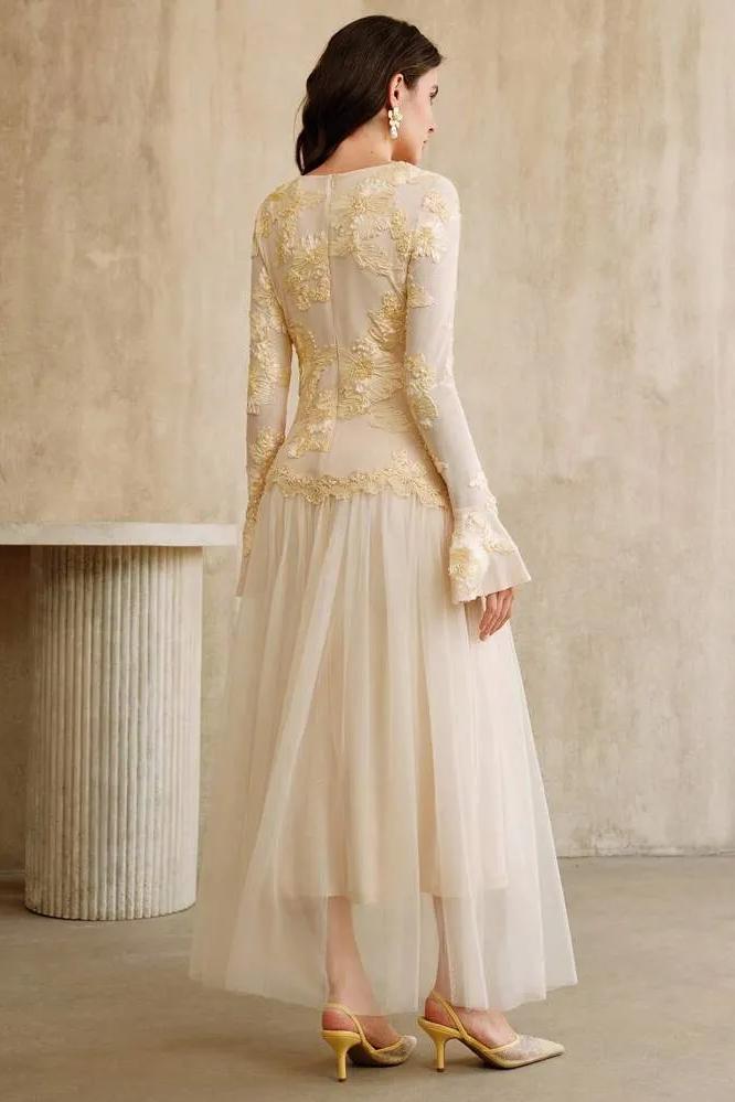 Embroidered Round Neck Midi Dress