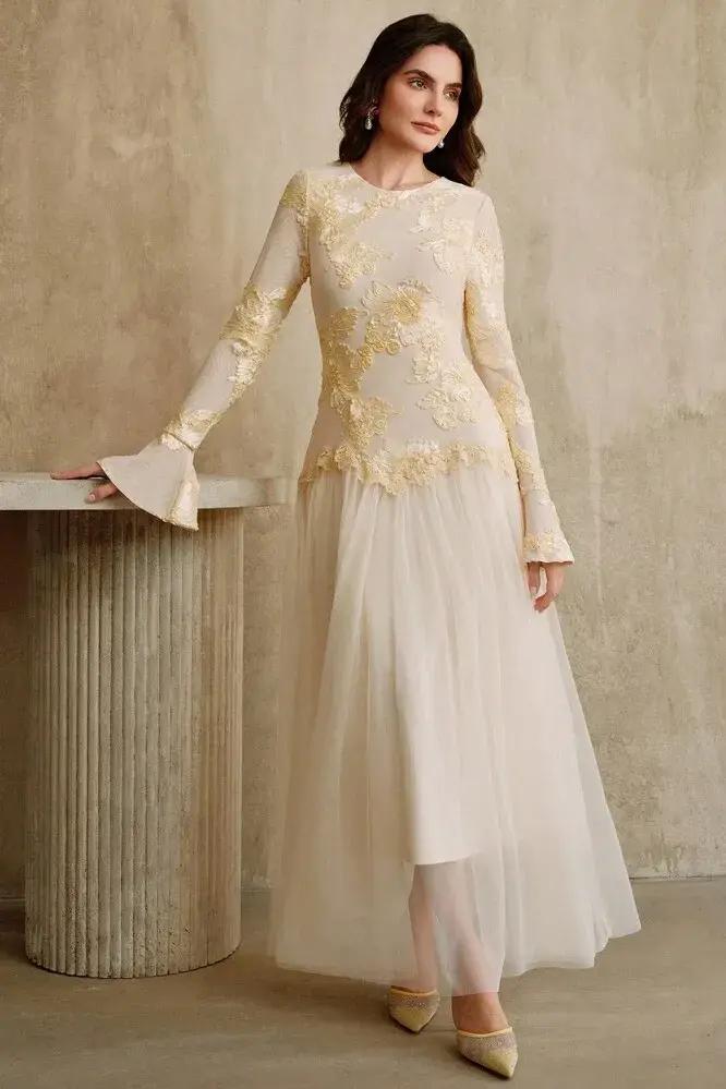 Embroidered Round Neck Midi Dress