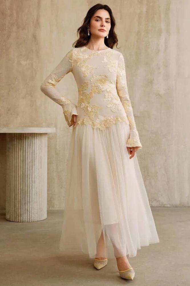 Embroidered Round Neck Midi Dress