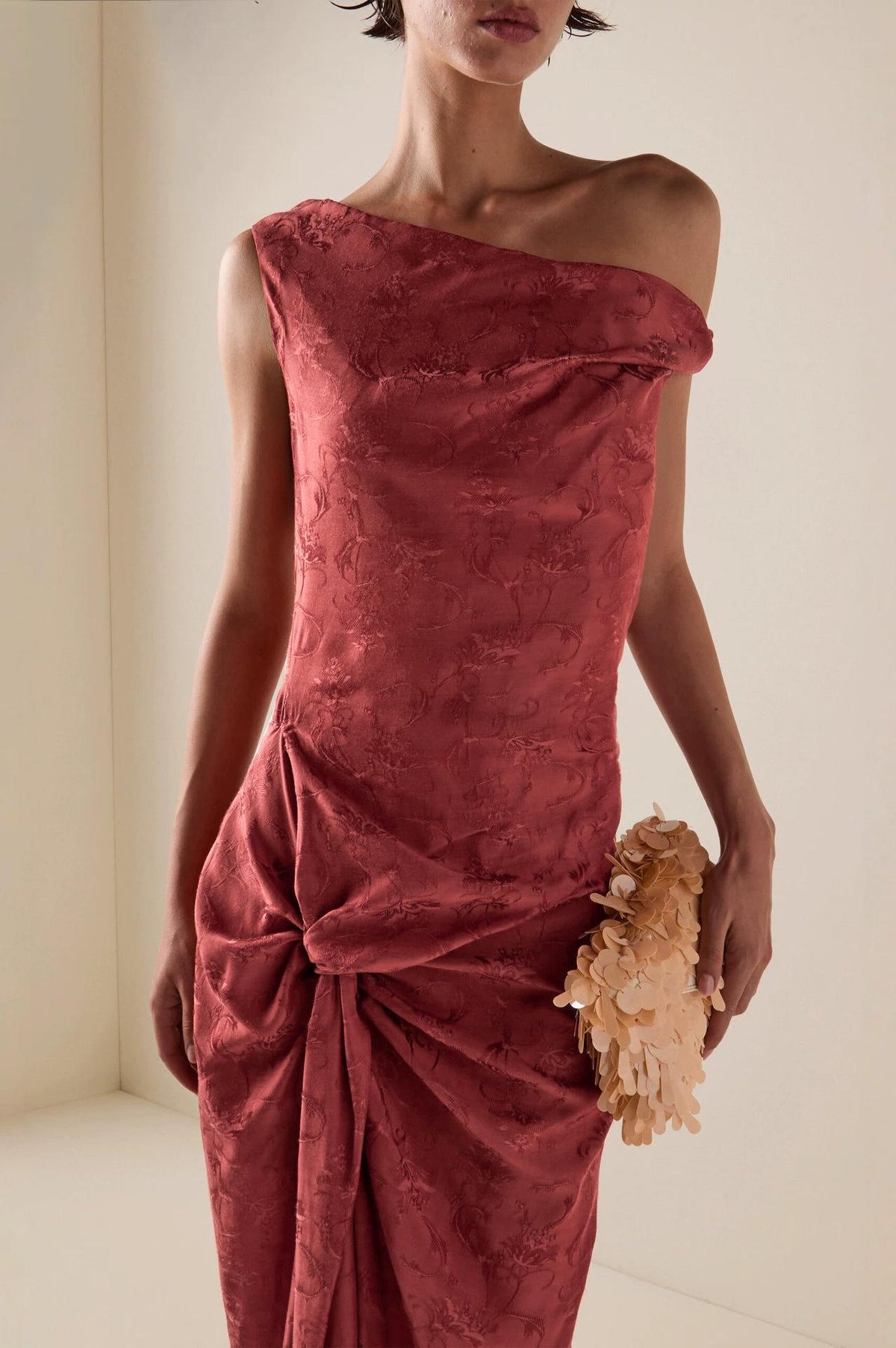 Skew Collar Knotted Gathering Maxi Dress