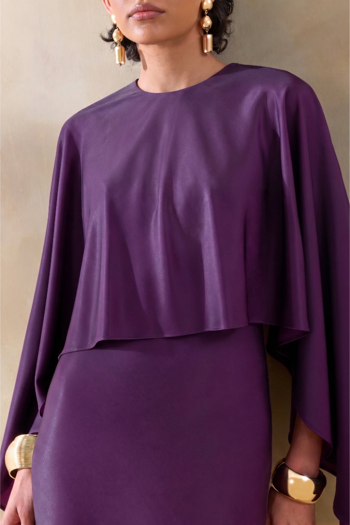 Satin Cape Round Neck Maxi Dress