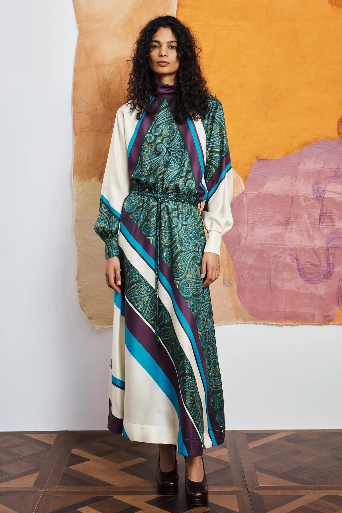 Paisley Print Lantern Sleeve Midi Dress With Belt
