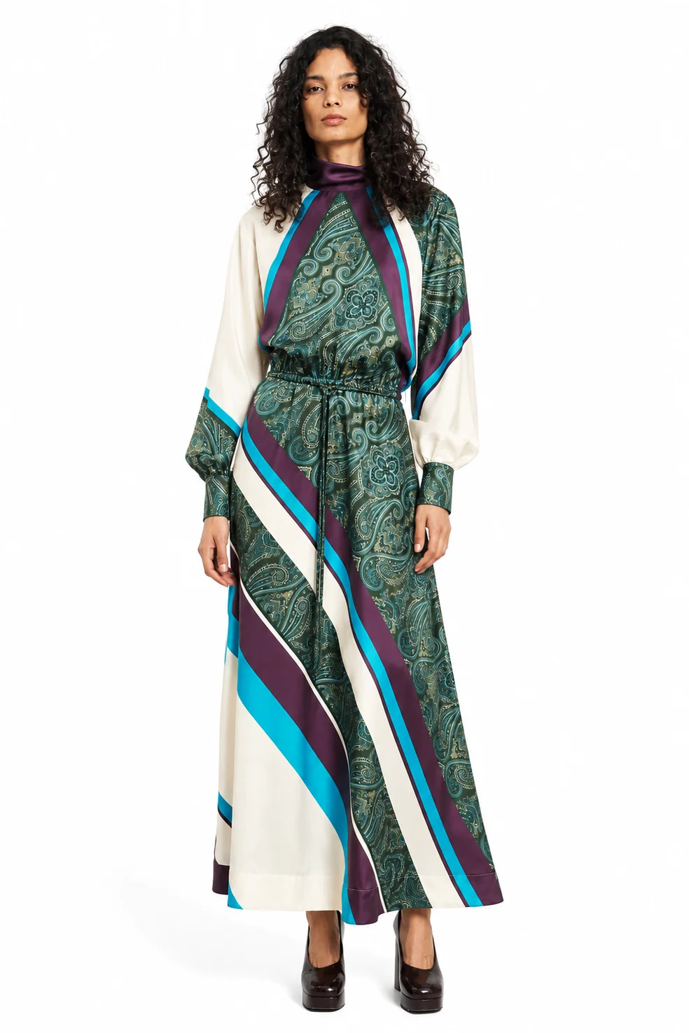 Paisley Print Lantern Sleeve Midi Dress With Belt
