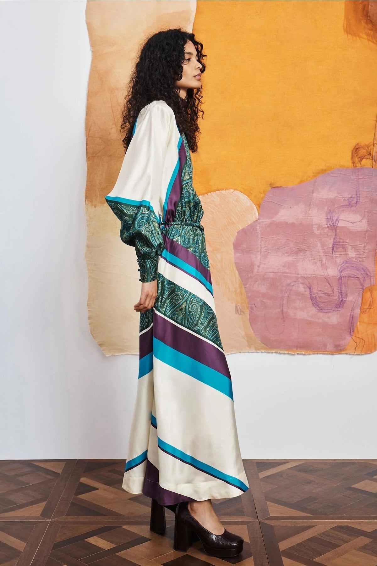 Paisley Print Lantern Sleeve Midi Dress With Belt