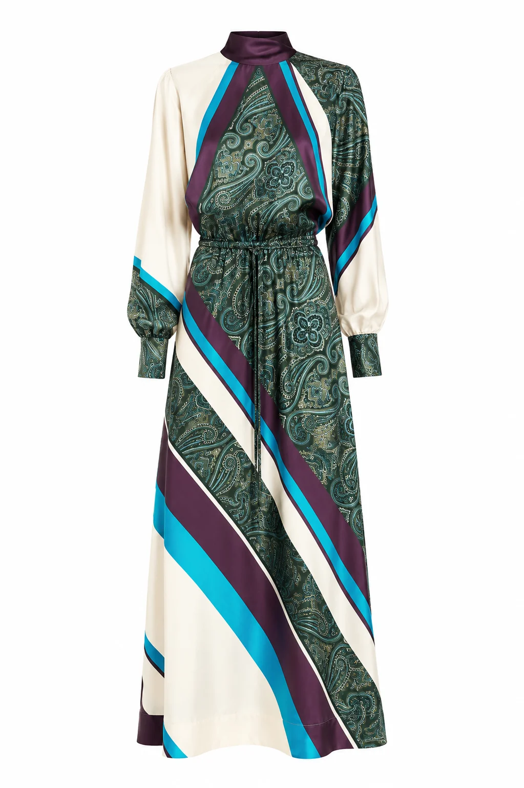 Paisley Print Lantern Sleeve Midi Dress With Belt