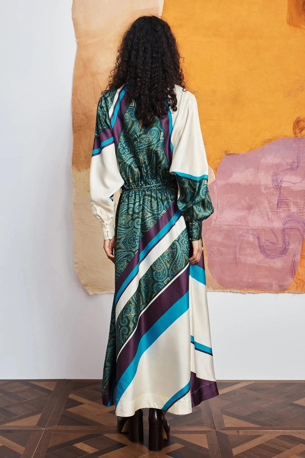 Paisley Print Lantern Sleeve Midi Dress With Belt