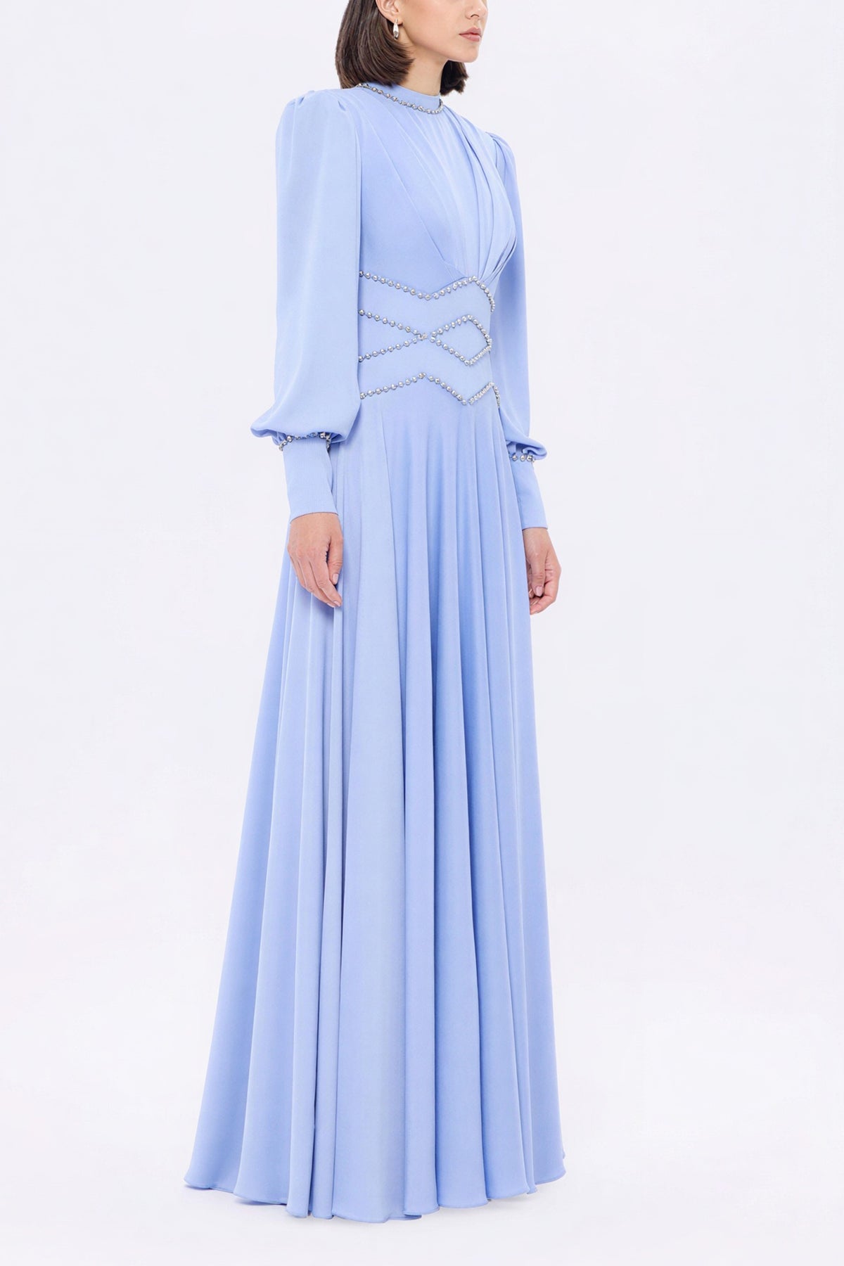 Rhinestone Rivets Pleated Lantern Sleeve Maxi Dress