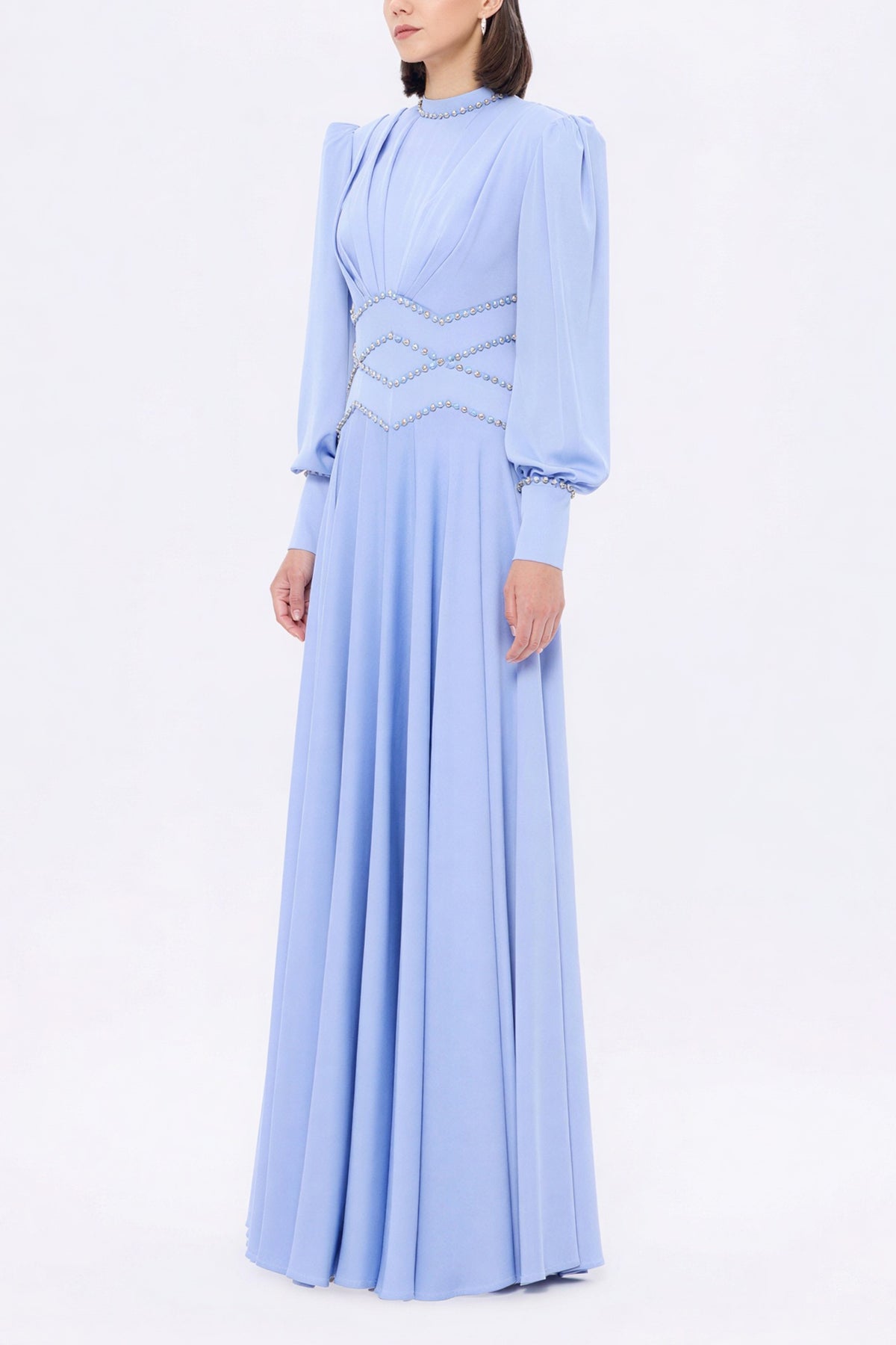 Rhinestone Rivets Pleated Lantern Sleeve Maxi Dress