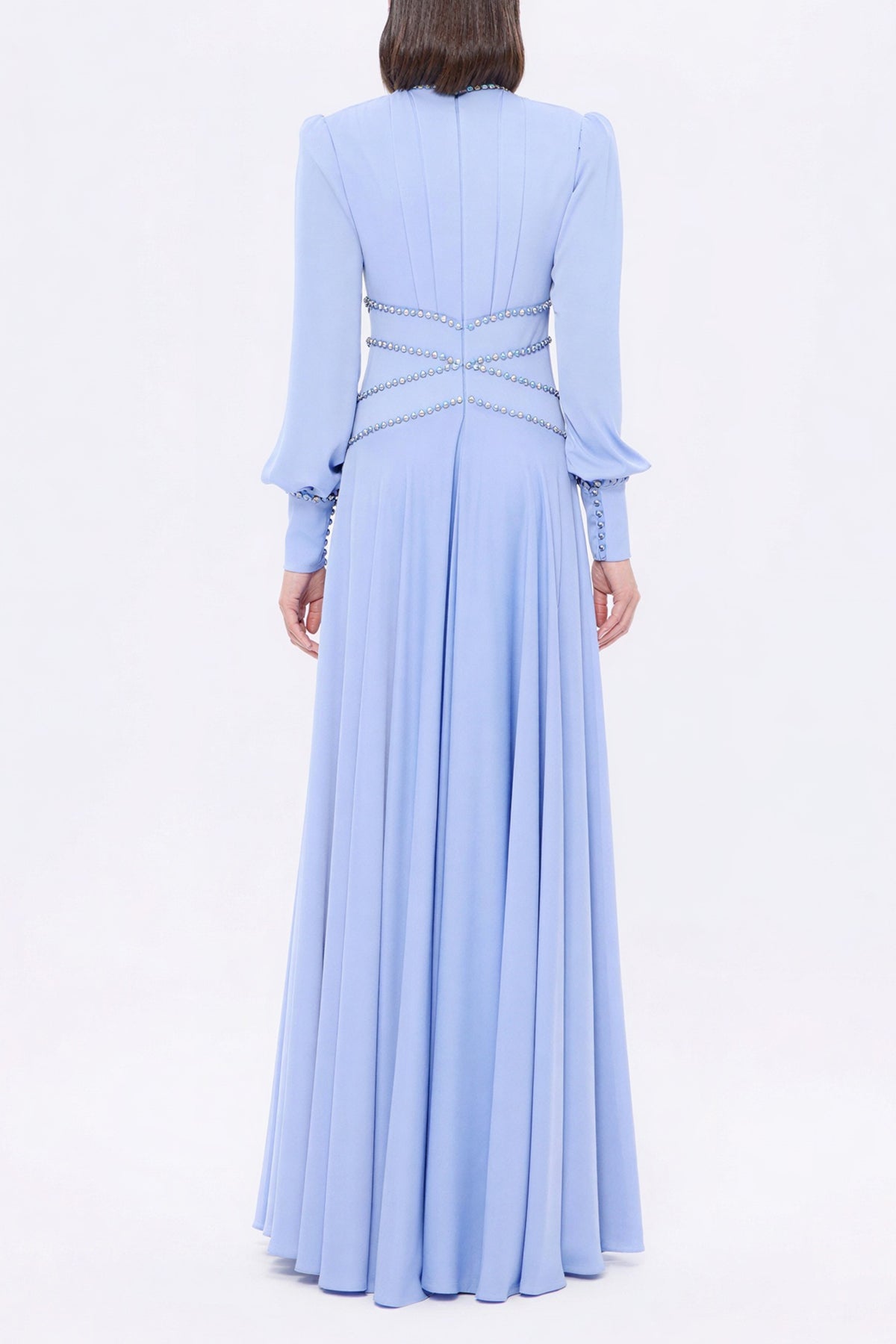Rhinestone Rivets Pleated Lantern Sleeve Maxi Dress