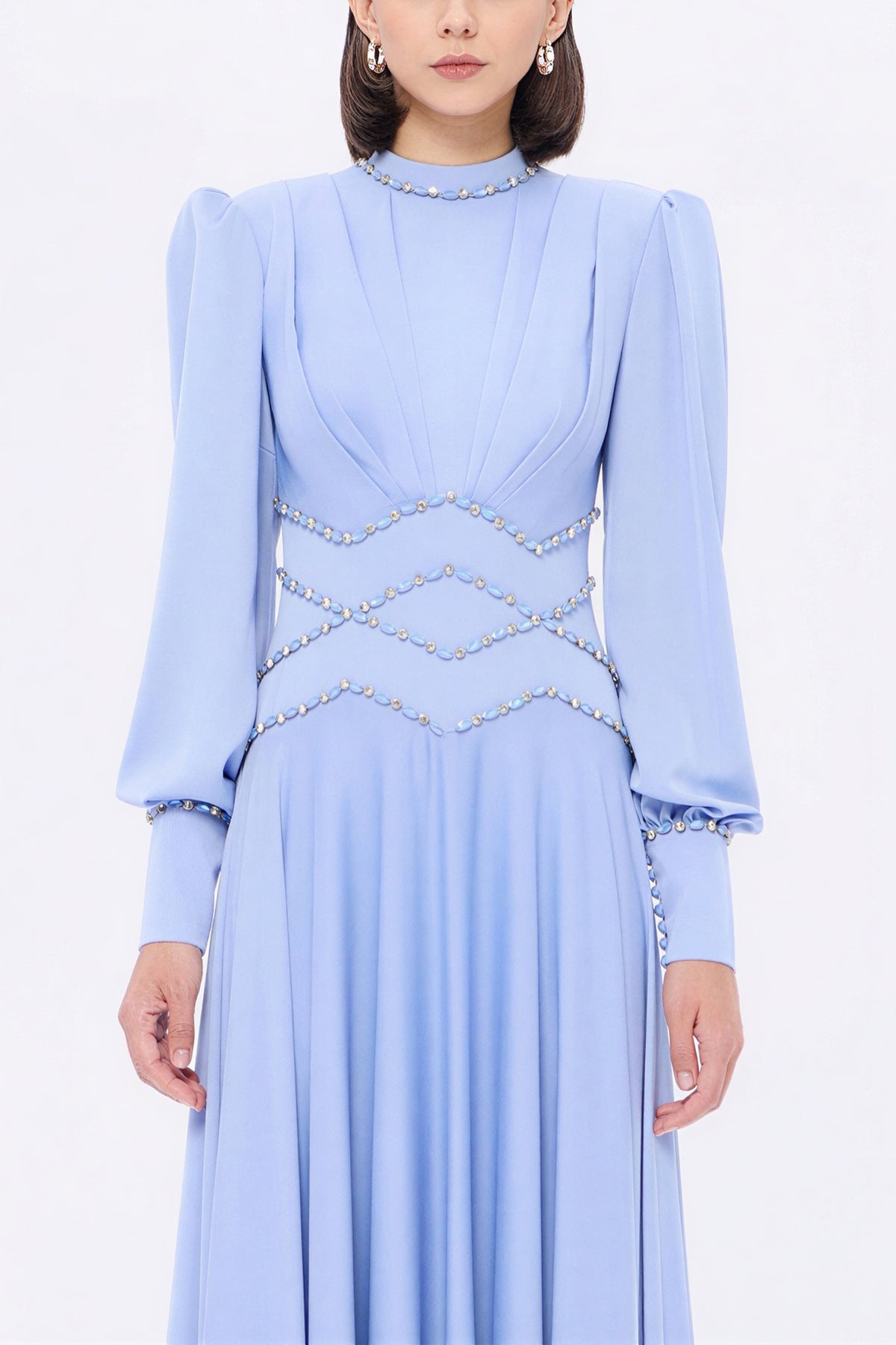 Rhinestone Rivets Pleated Lantern Sleeve Maxi Dress