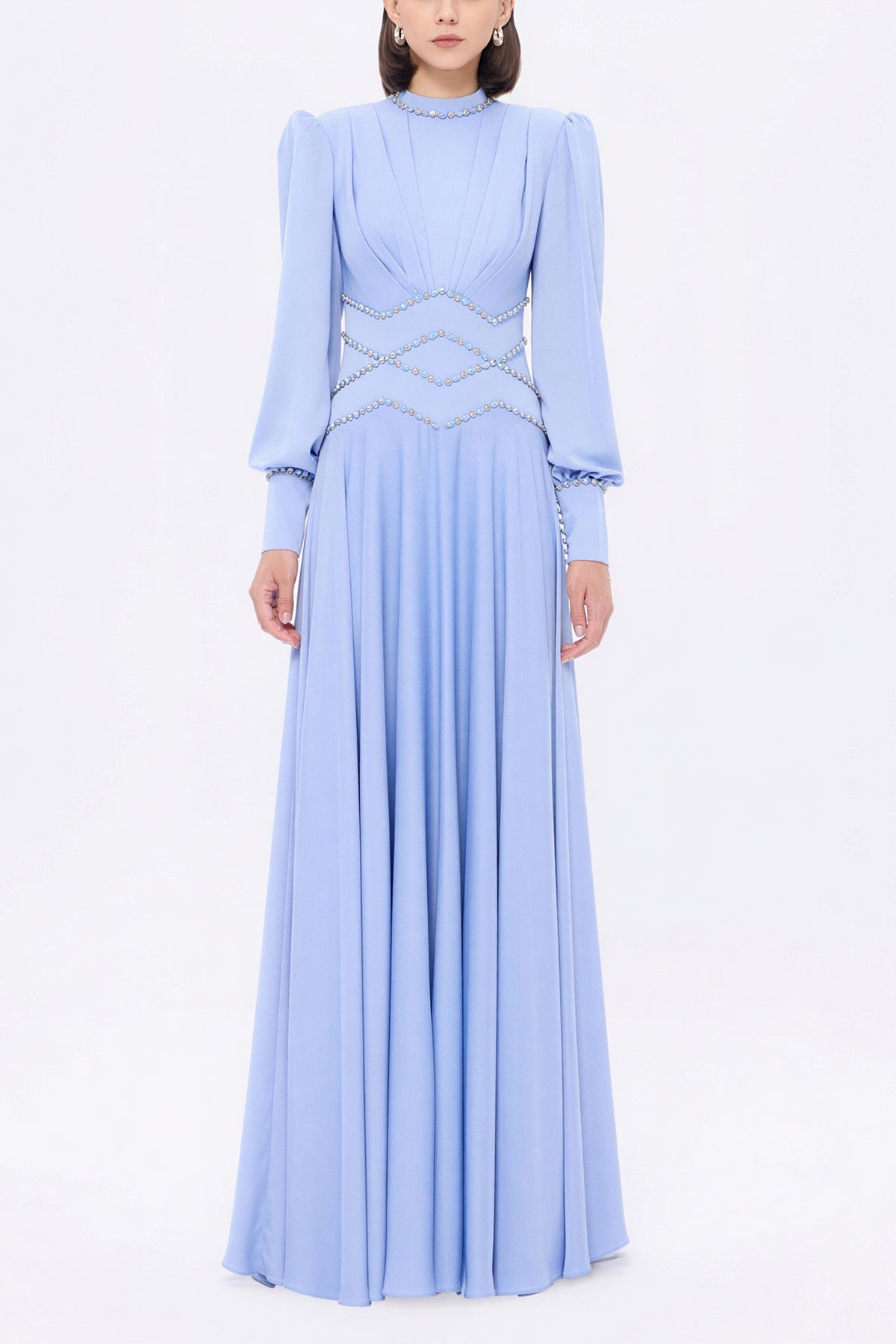 Rhinestone Rivets Pleated Lantern Sleeve Maxi Dress