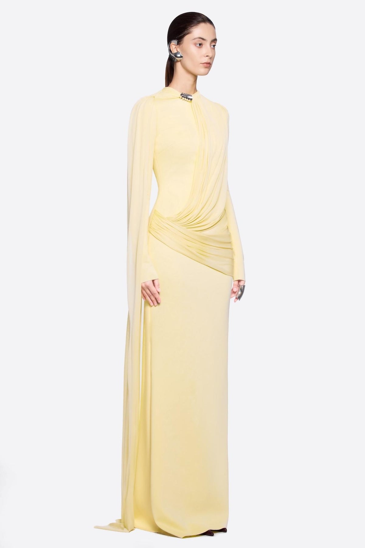 Gathering Cape Long Sleeve Maxi Dress