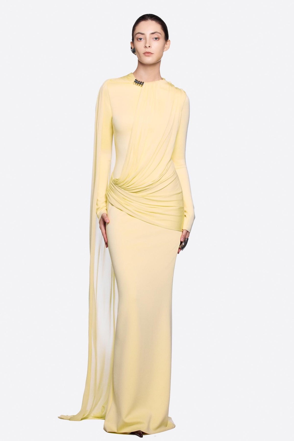 Gathering Cape Long Sleeve Maxi Dress