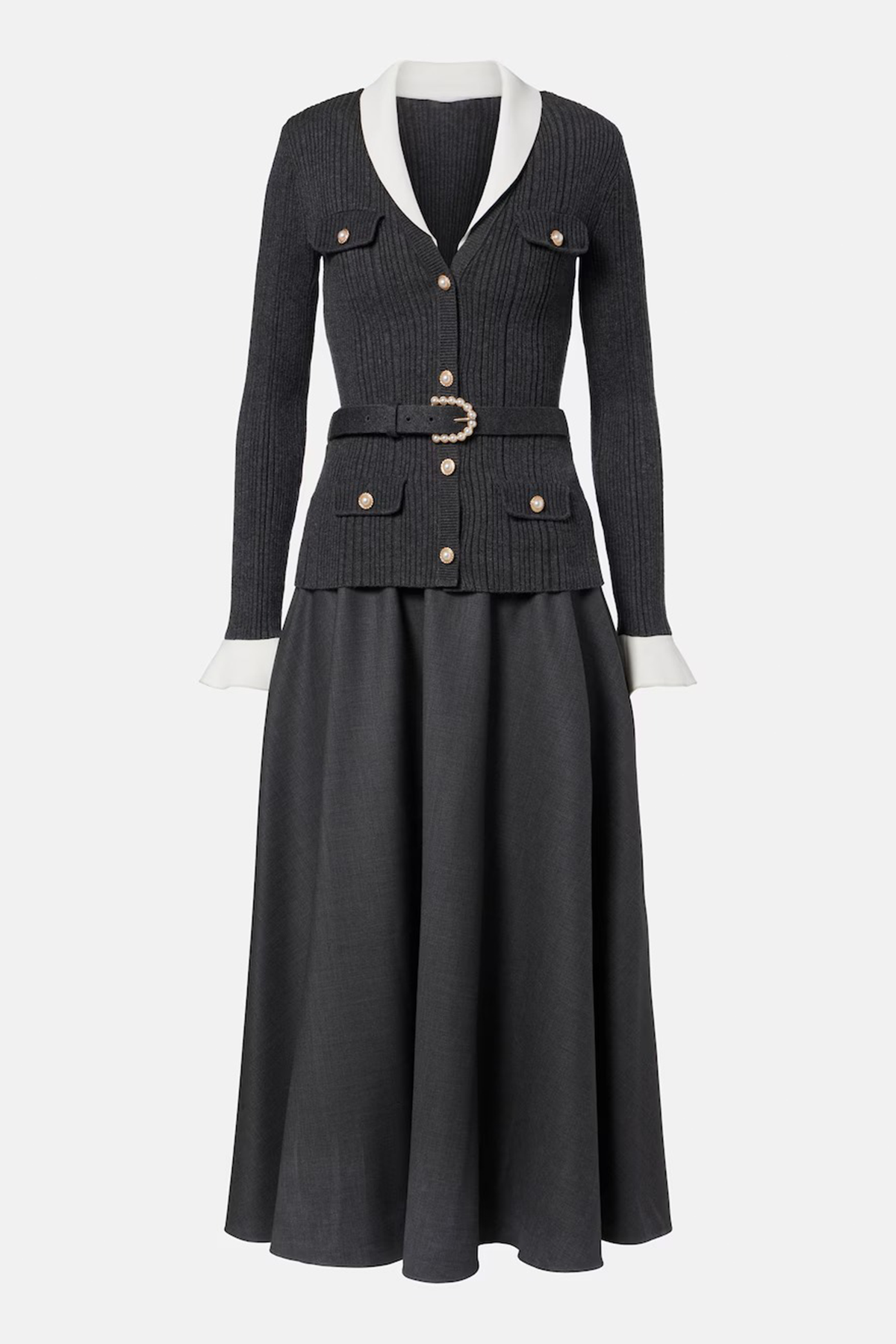 Contrast Color Flapped Cardigan & High Waist Midi Skirt Set