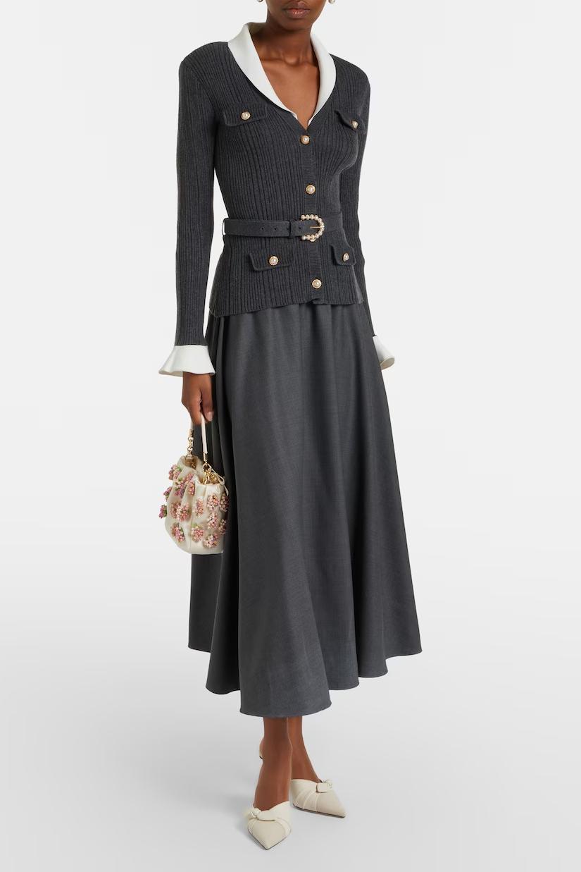Contrast Color Flapped Cardigan & High Waist Midi Skirt Set