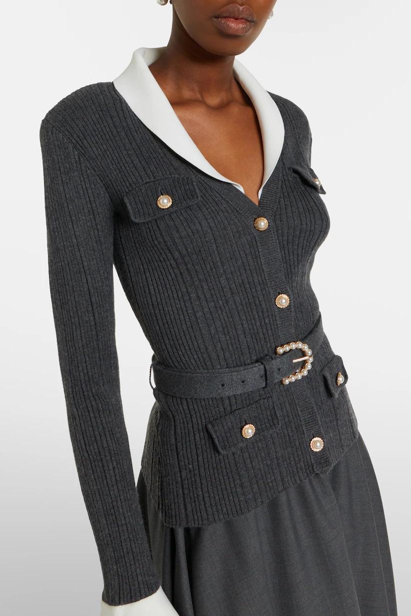 Contrast Color Flapped Cardigan & High Waist Midi Skirt Set