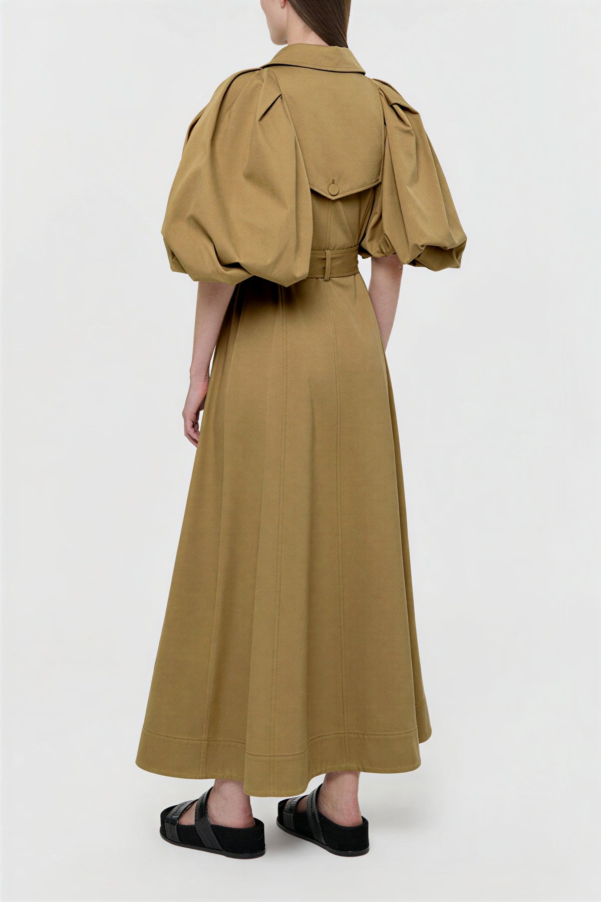 Flapped Puff Sleeve Midi Trench Coat With Belt