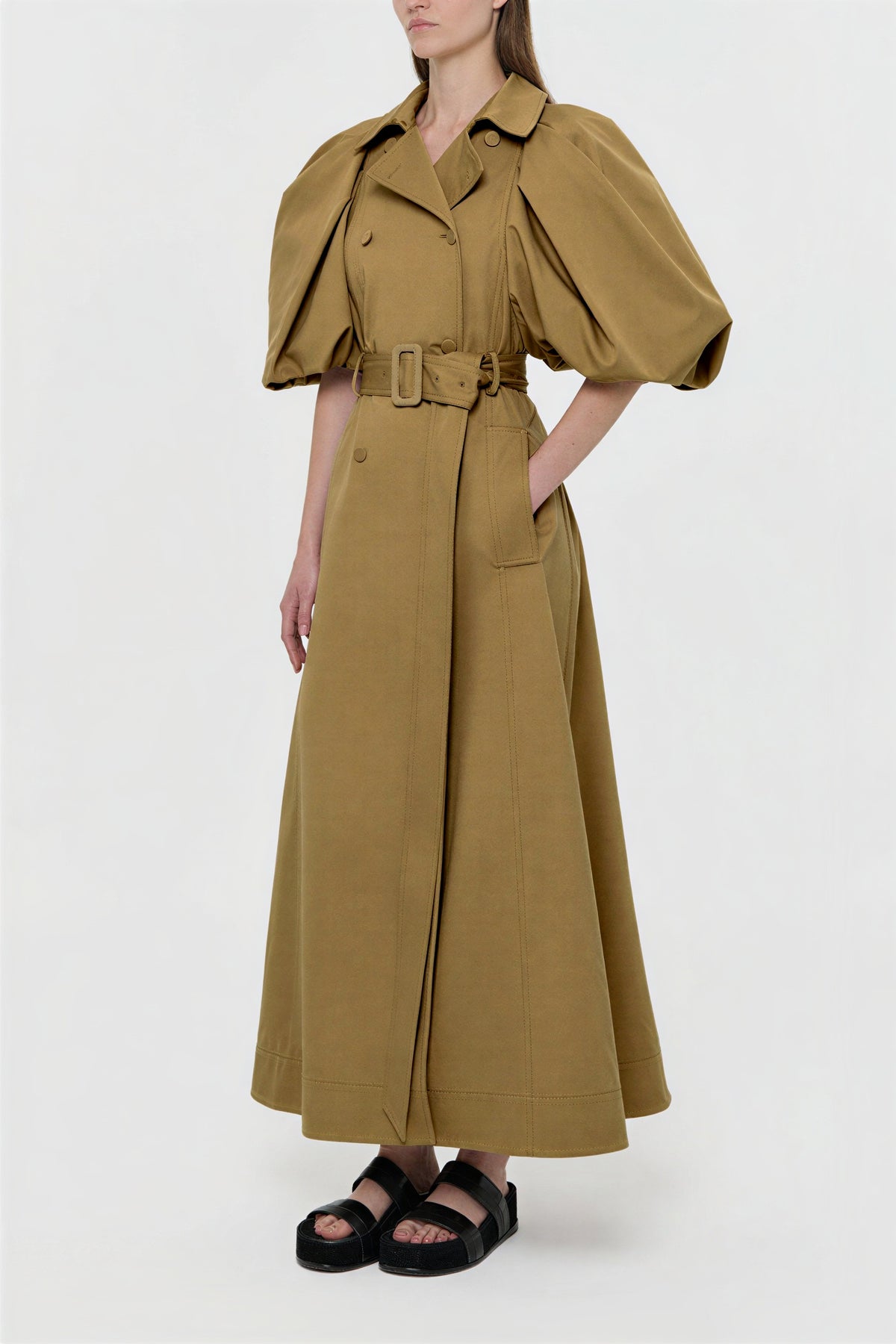 Flapped Puff Sleeve Midi Trench Coat With Belt
