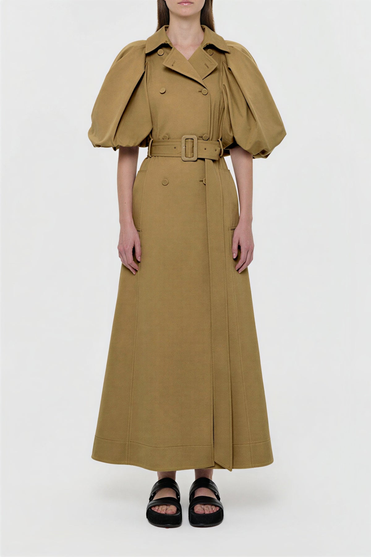 Flapped Puff Sleeve Midi Trench Coat With Belt