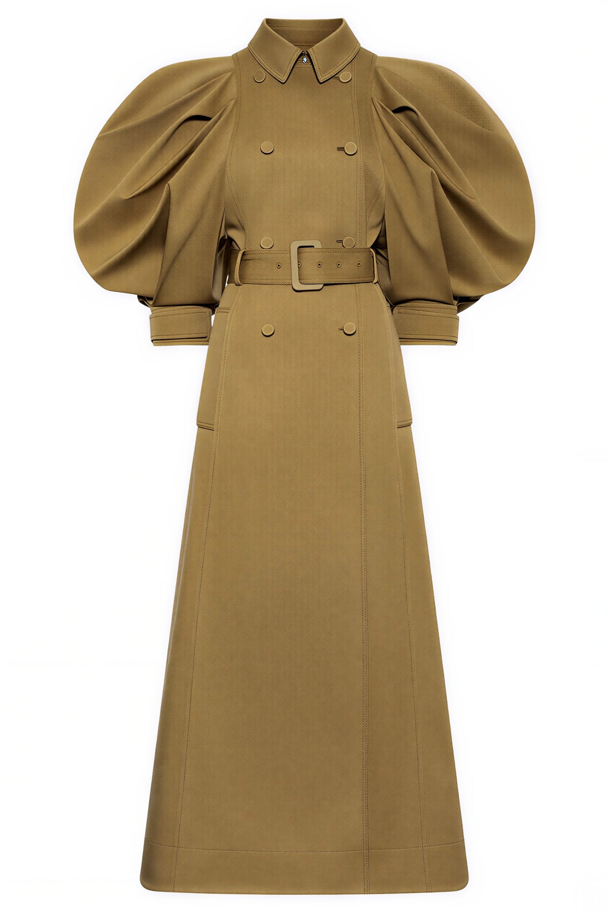 Flapped Puff Sleeve Midi Trench Coat With Belt