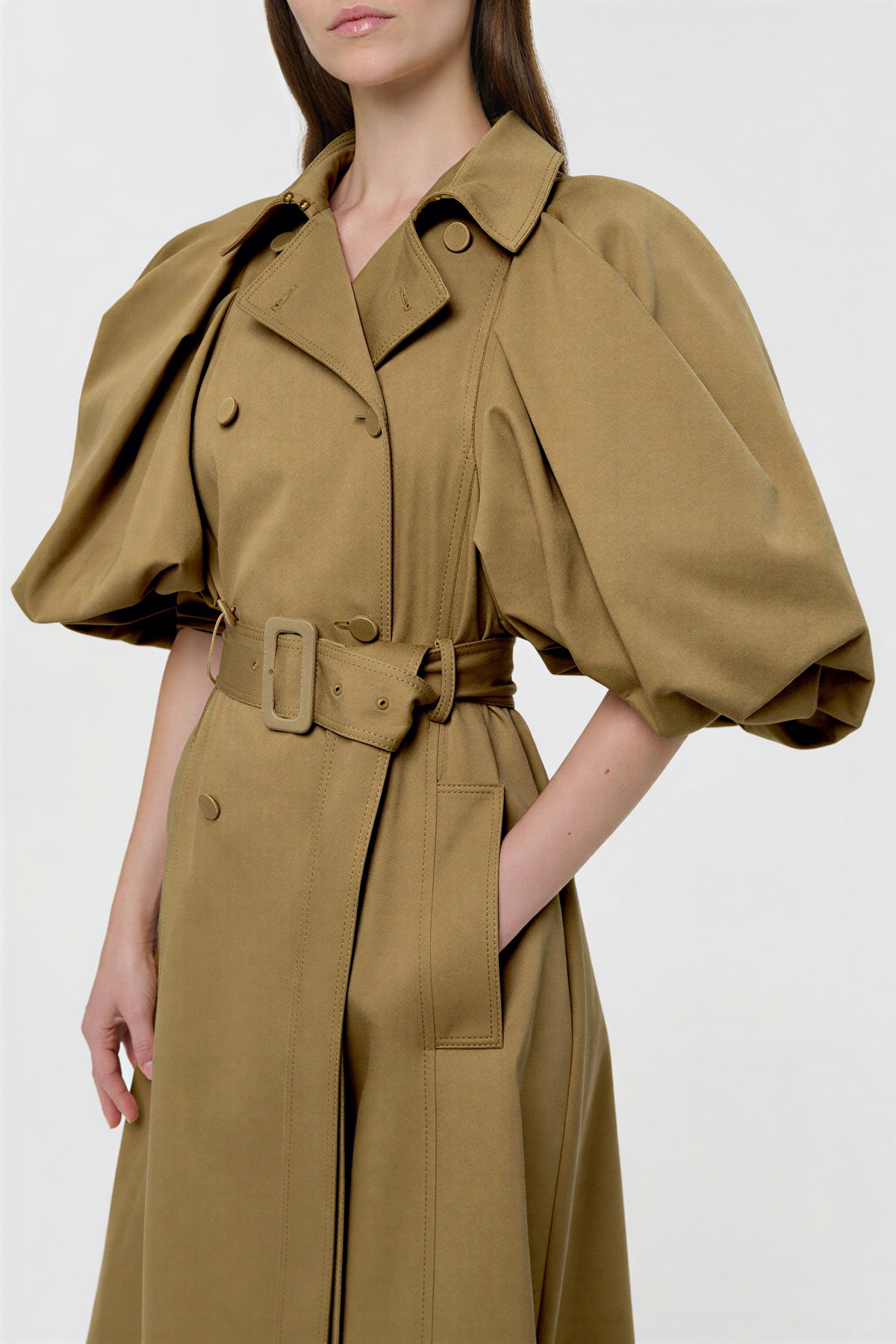 Flapped Puff Sleeve Midi Trench Coat With Belt