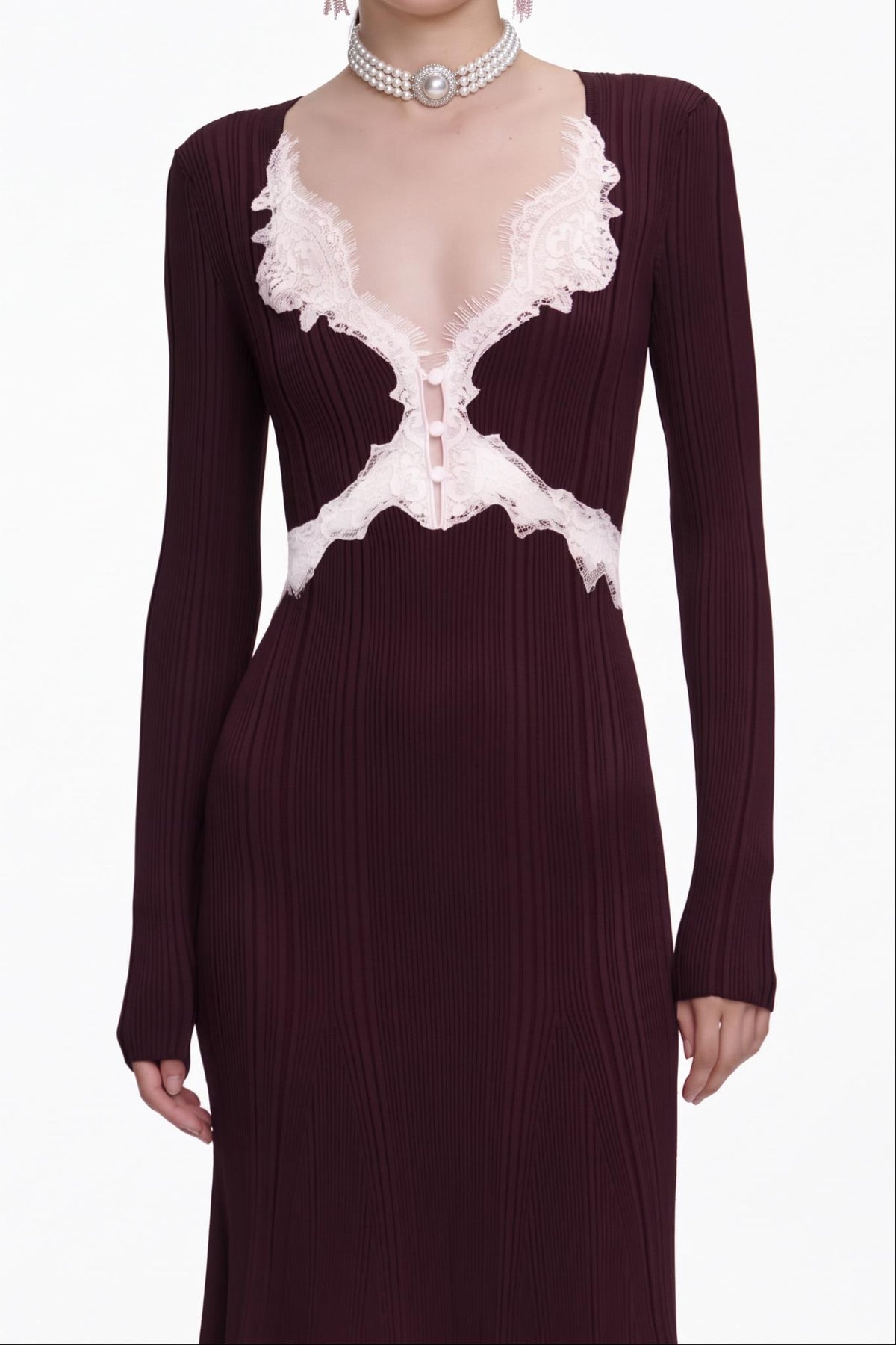 Lace Splicing V-Neck Midi Dress