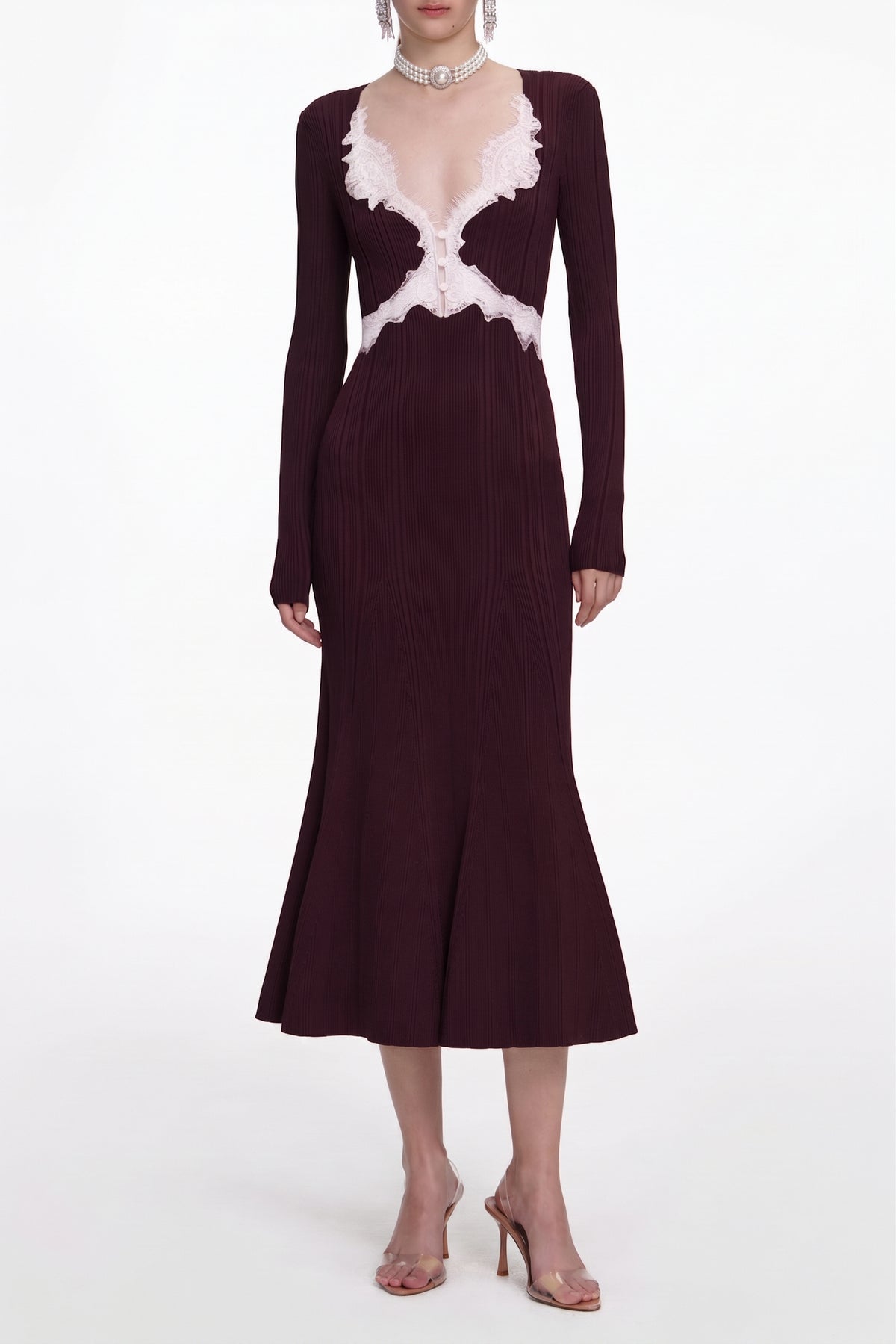 Lace Splicing V-Neck Midi Dress