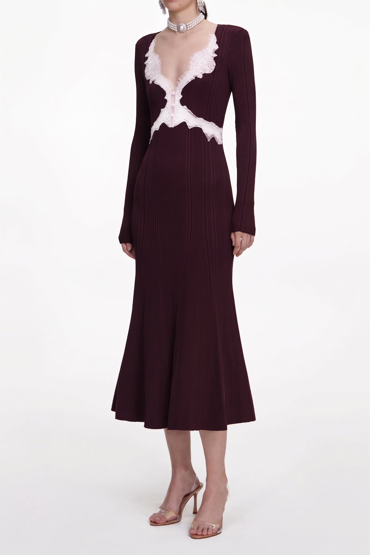 Lace Splicing V-Neck Midi Dress