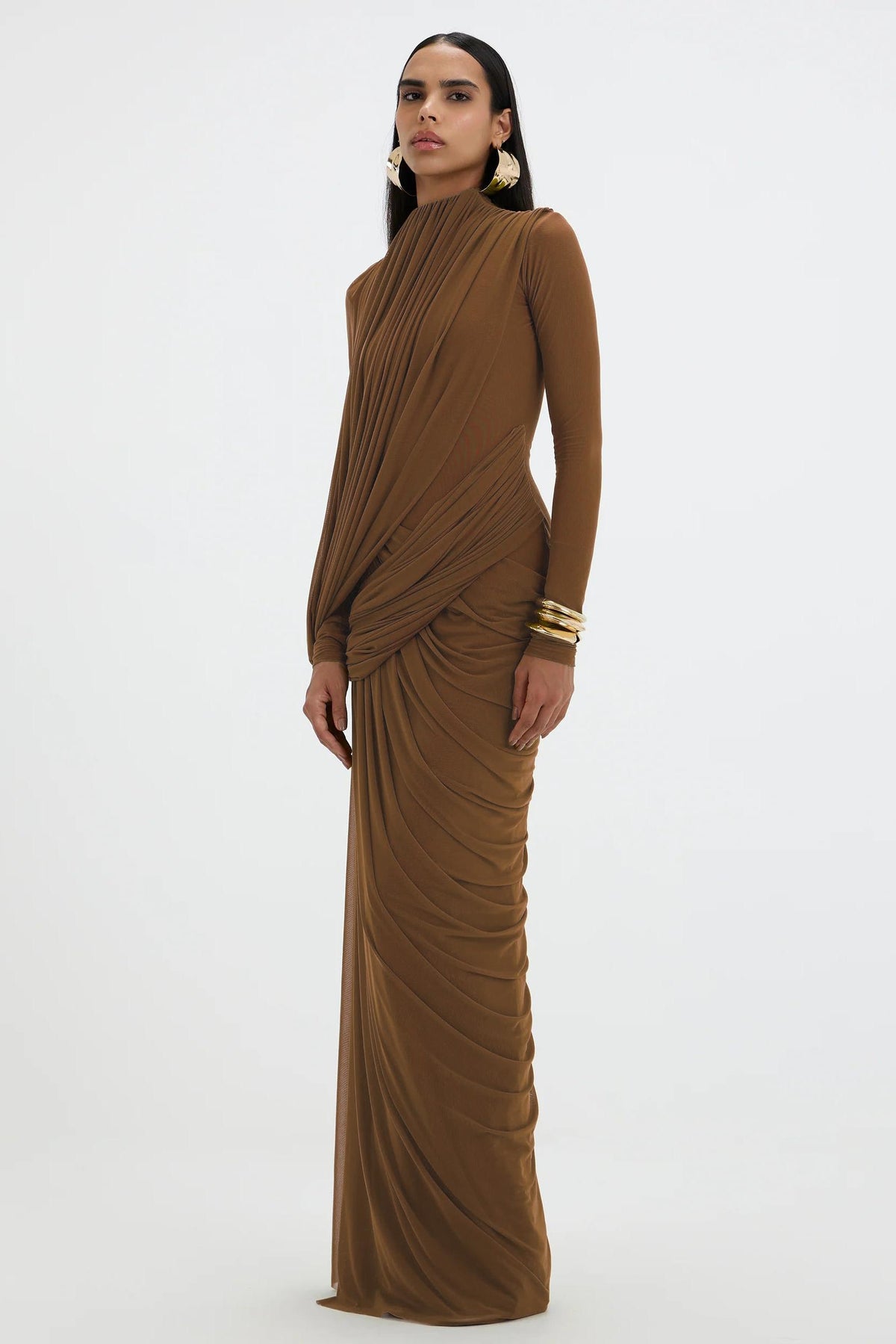 Mesh Gathering Long Sleeve Maxi Dress