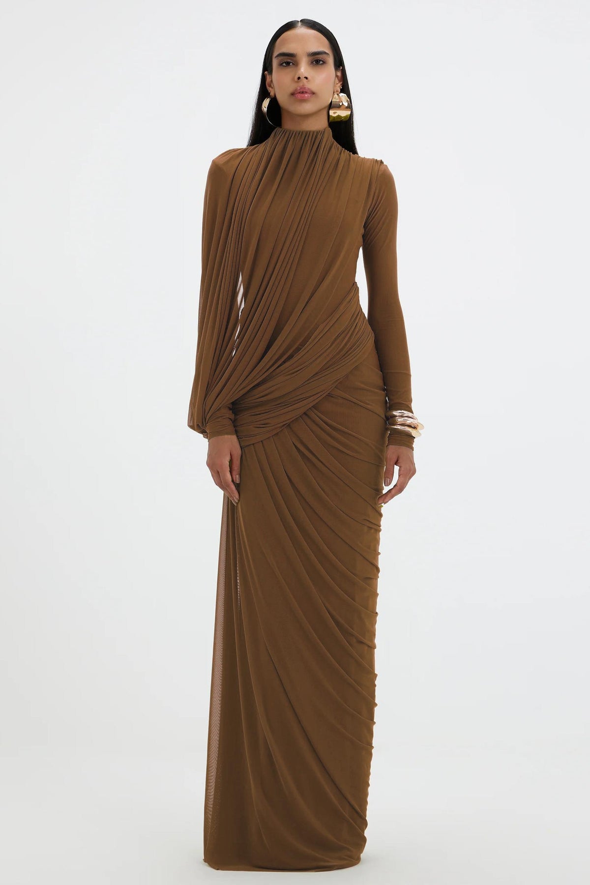 Mesh Gathering Long Sleeve Maxi Dress