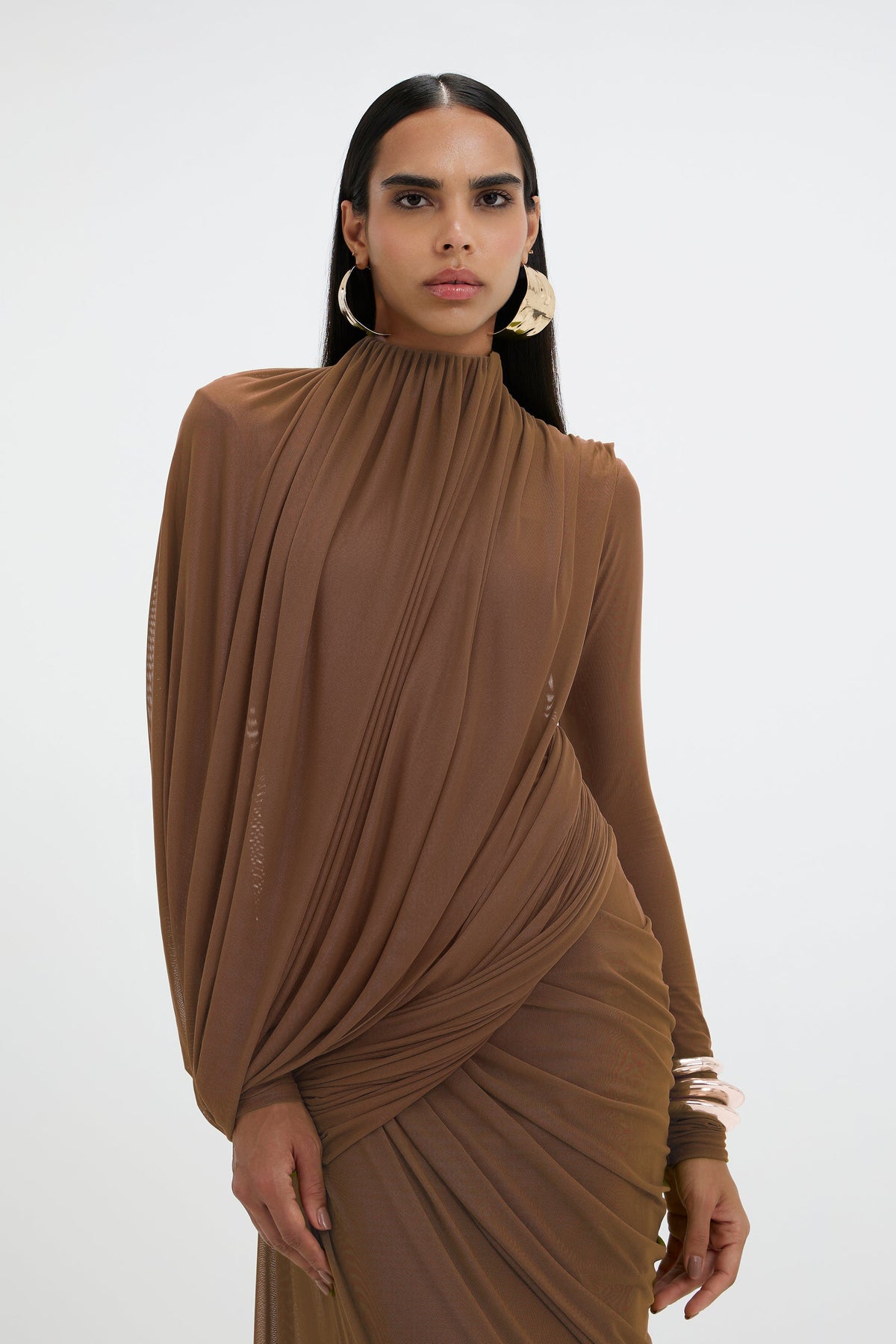 Mesh Gathering Long Sleeve Maxi Dress