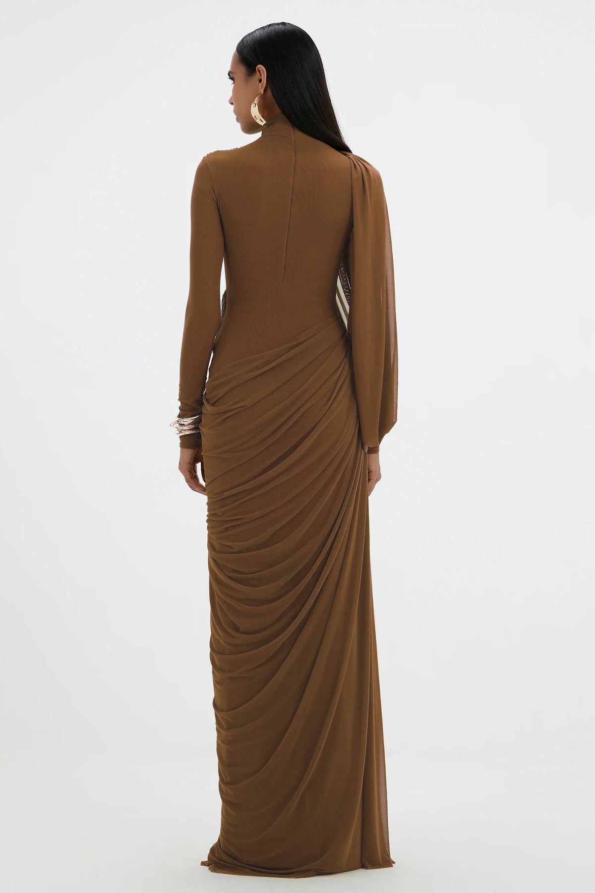 Mesh Gathering Long Sleeve Maxi Dress