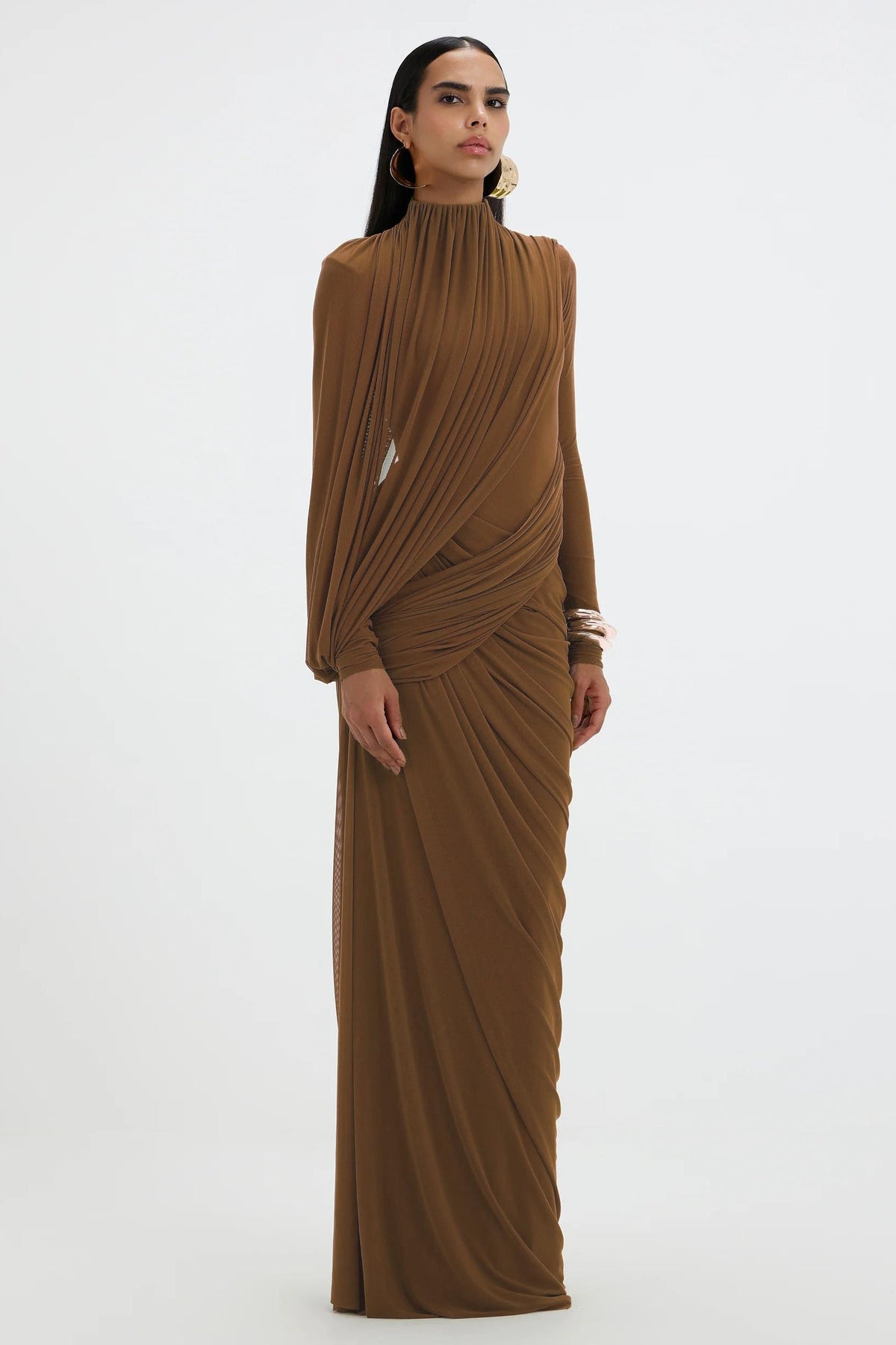 Mesh Gathering Long Sleeve Maxi Dress