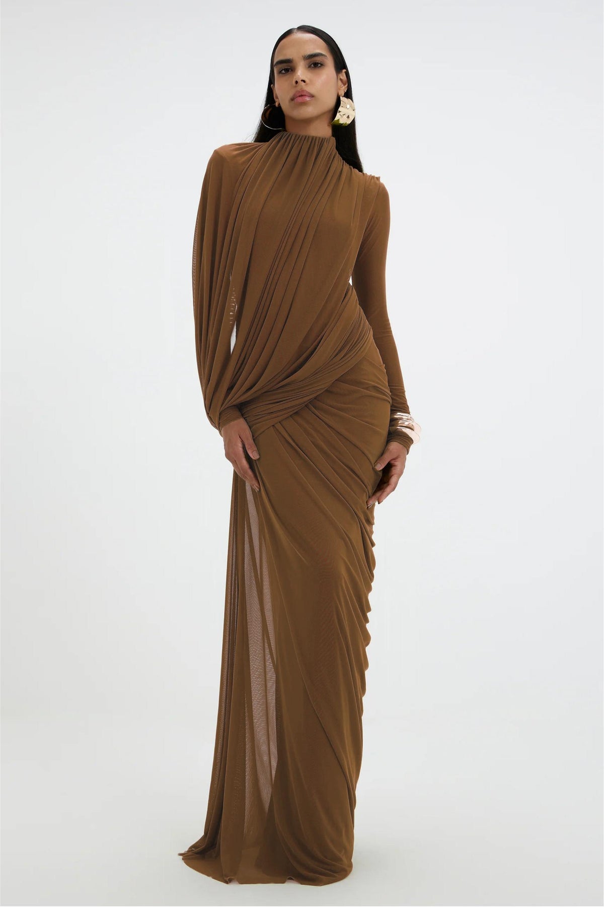 Mesh Gathering Long Sleeve Maxi Dress